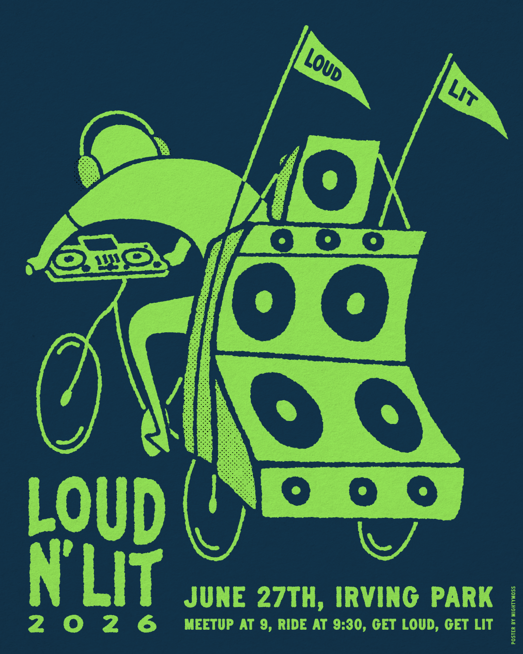 Loud N Lit Poster bicycle design dj handdrawn illustration loudnlit mightymoss oregon pedalpalooza portland poster ride soundsystem