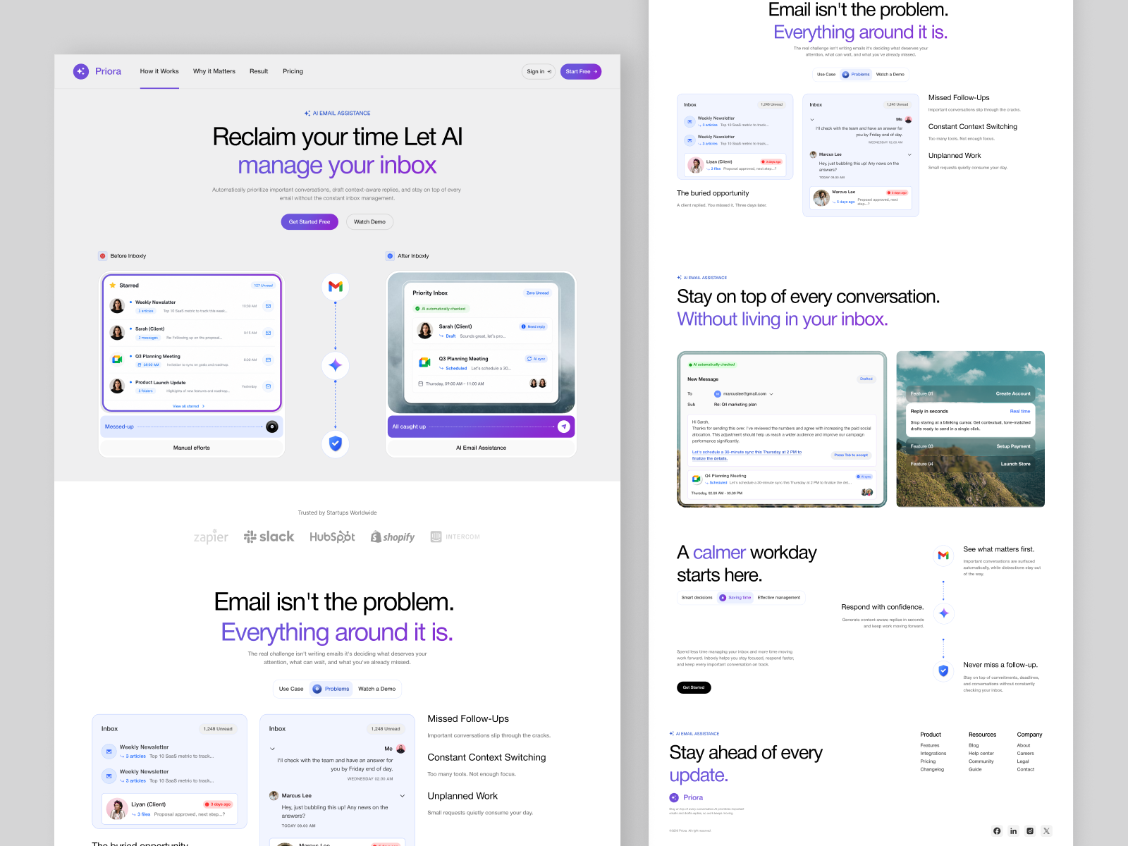 AI Email Assistant Landing Page Design ai ai assistant b2b saas dashboard ui email assistant email automation inbox management landing page product design productivity app productivity tool saas saas design saas landing page startup website ui design ux design web app web design website design