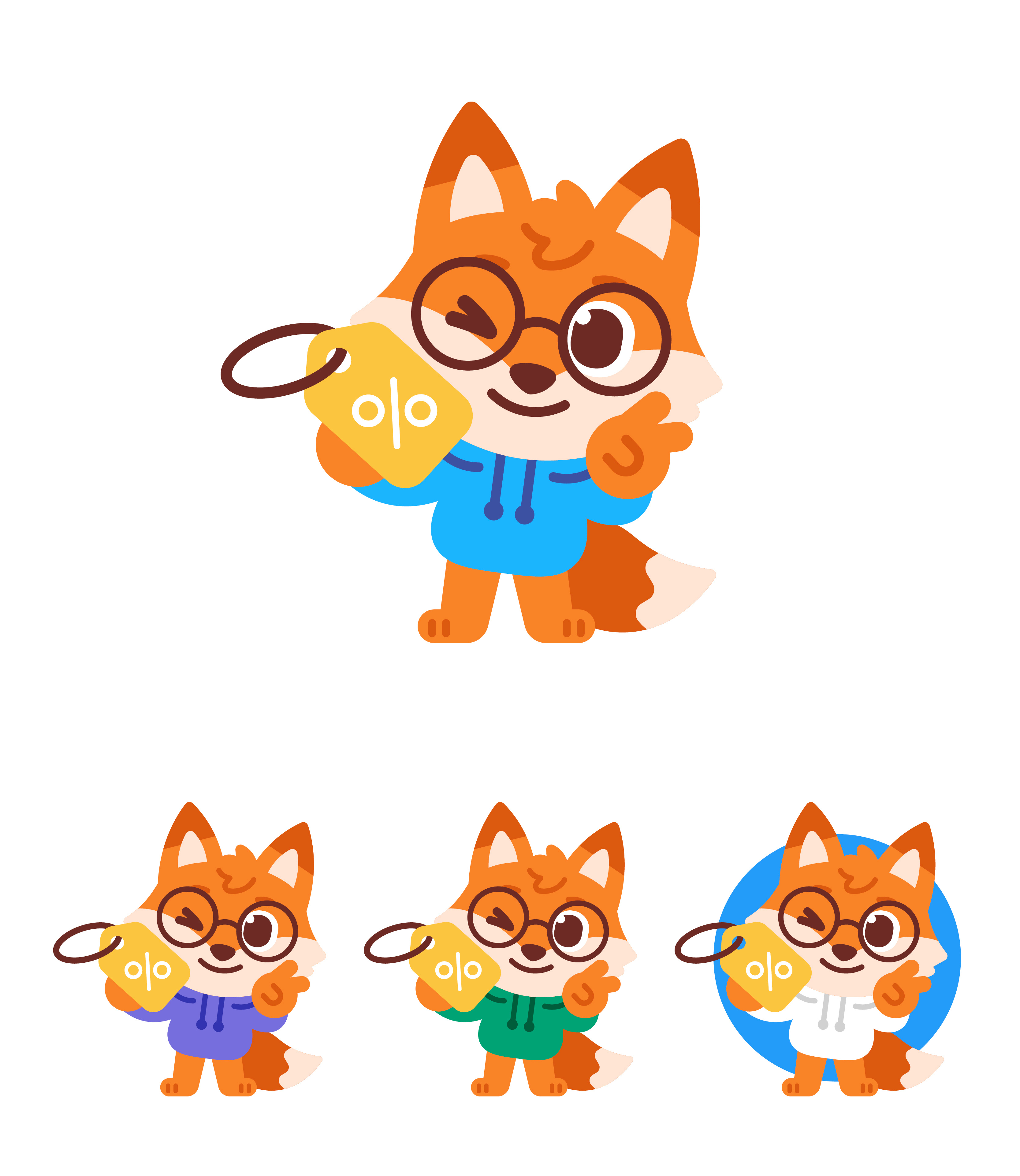 Smart Fox Mascot branding cartoon character clothing brand cute digital discount ecommerce flat funny icon illustration kids logo mascot orange smart sweater tag vector