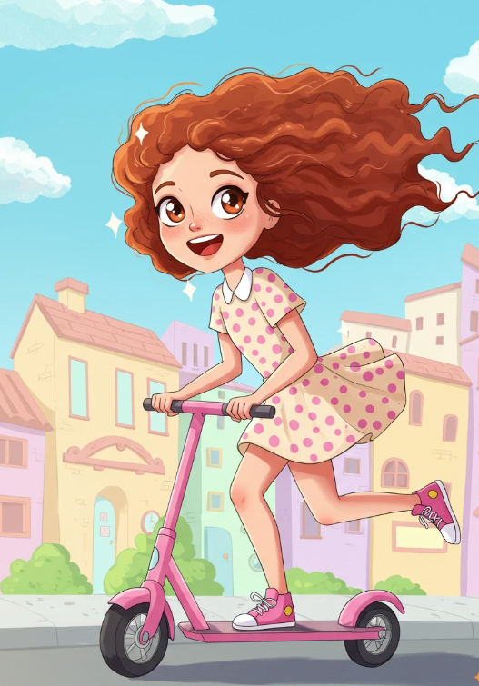 The Joyful Scooter Ride Character Design and Childrens Book character design character development children illustration childrens book illustration colorful art digital art freelance illustrator girl illustration kidlit art motion pastel colors picture book playful publishing scooter storybook vibrant whimsical illustration