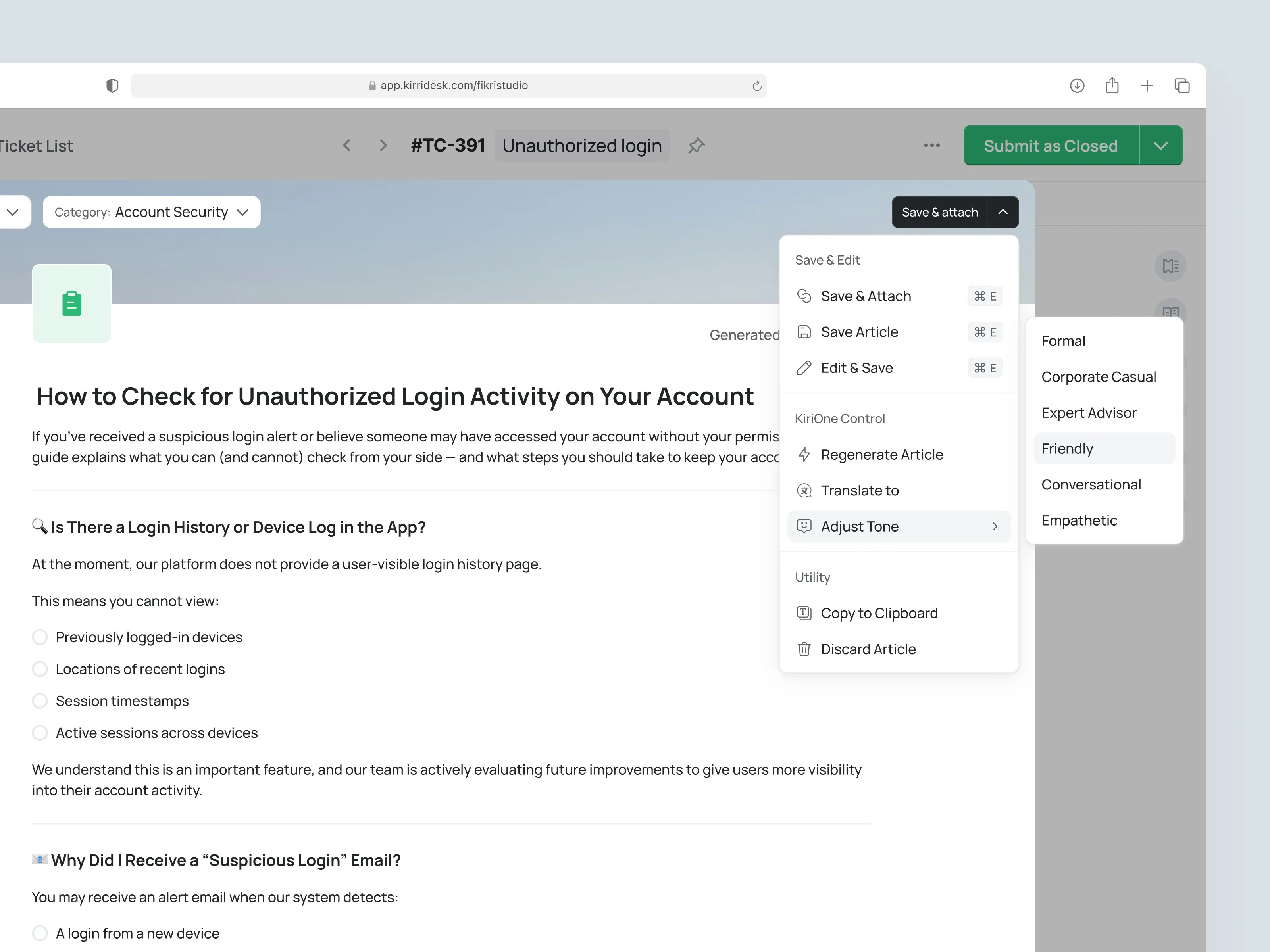 KirriDesk - Article (Knowledge Base) for Agent Customer Service ai ai assistant crm customer service customer service app customer support customer support platform cx helpdesk knowledge base product design saas saas design ticket management ui ux web app web design