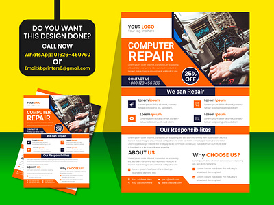 Computer repair flyer for computer shop. broken computer computer flyer computer repairing flyer damaged dispaly electronic fast fix flyer illustration laptop logo mobile pc repair repairing flyer services softower template