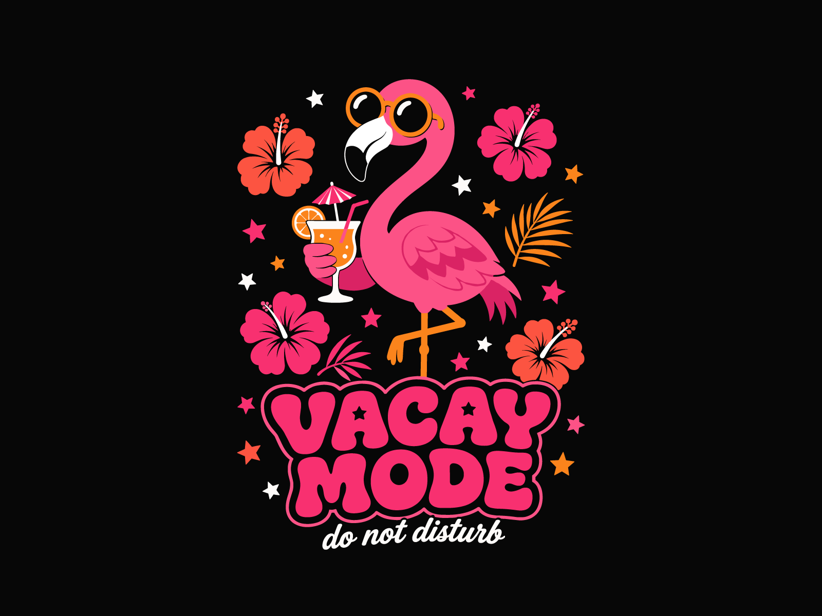 Vacay Mode, Retro Flamingo Summer T-Shirt Design apparel beachwear branding character design clothing colorful vector flamingo graphic design illustration mascot merchandise print on demand resort wear retro font summer t shirt design tropical typography vacation vacay mode