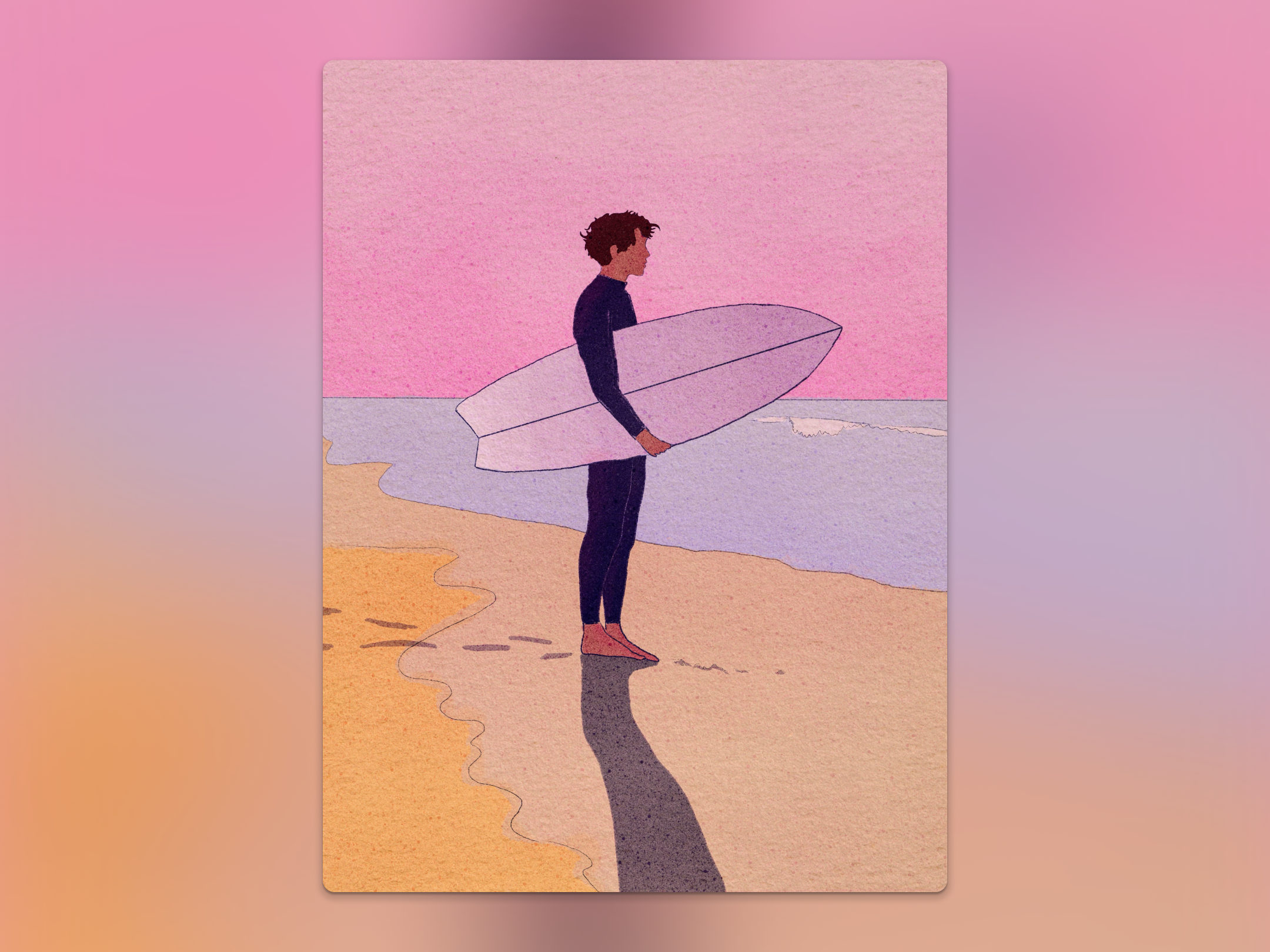 Sunset Surfer - Editorial Spot Illustration & Wall Art beach cape town chillwave editorial illustration fine line freelance illustrator hand drawn hawaii human made illustrator portugal pastel pink south africa spot illustration sunset surf art surfer surfing vacation wall art