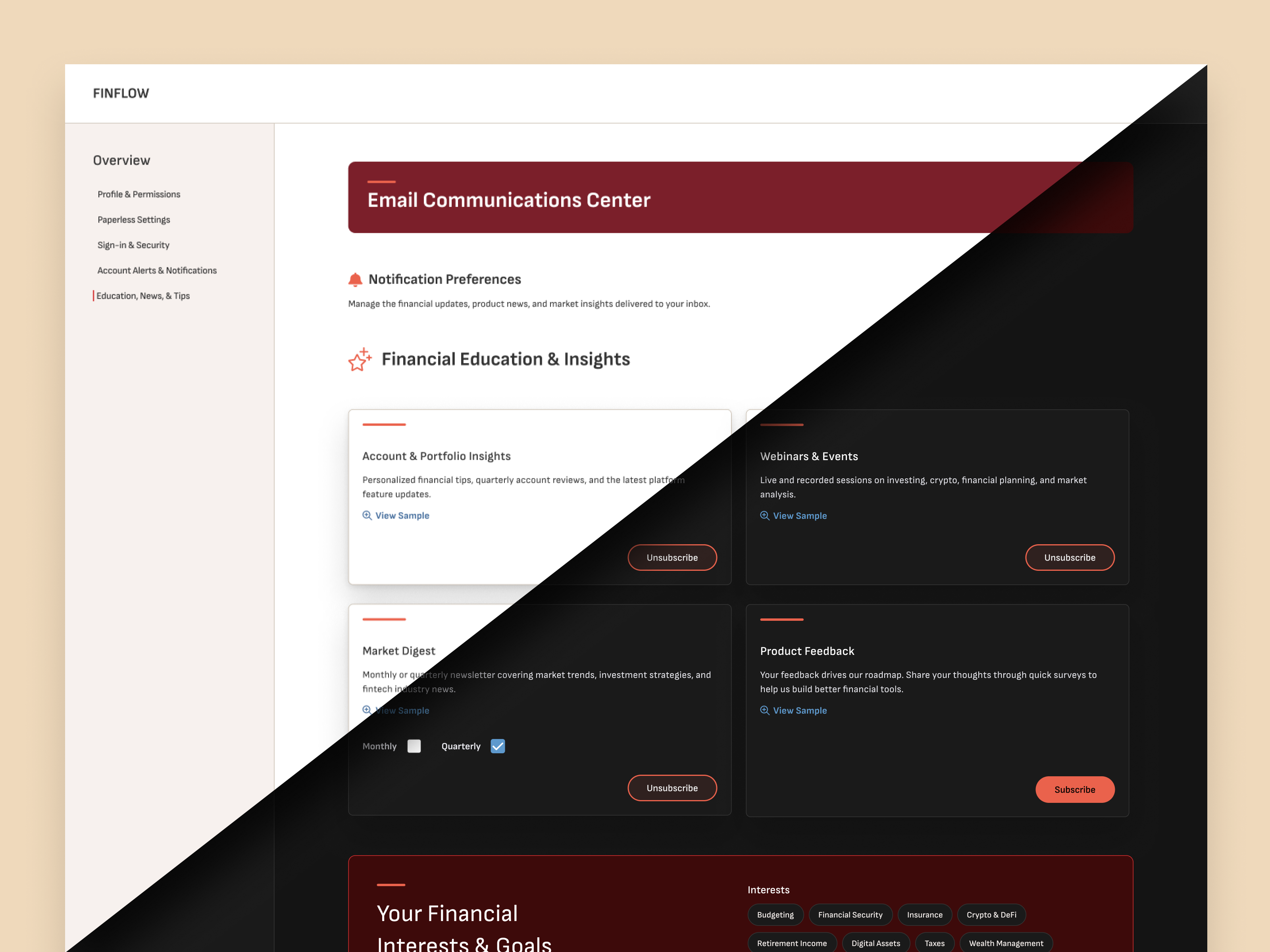 Preference center dashboard for Fintech branding colors dashboard design design system email figma fintech graphic design landing page modes preference center product design settings ui ux variables web design