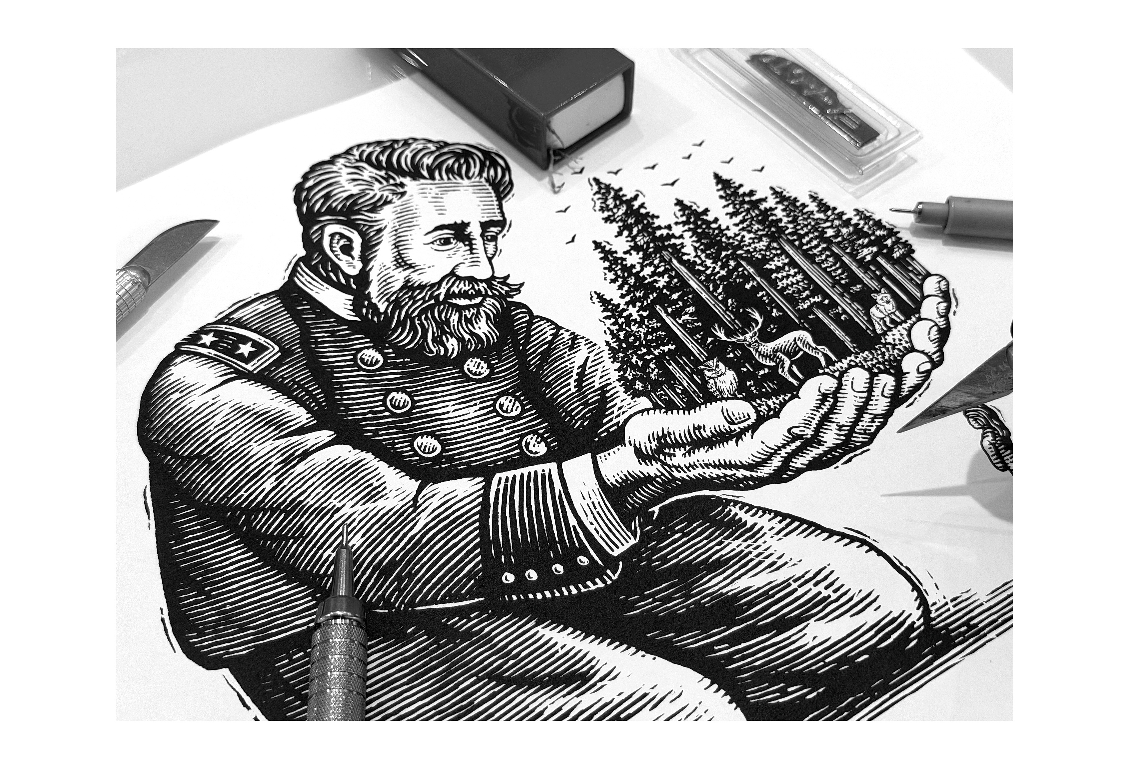 Colonel Armstrong Whiskey Rendered by Steven Noble artwork branding design engraving etching illustration line art redwood empire whiskey scratchboard steven noble woodcut