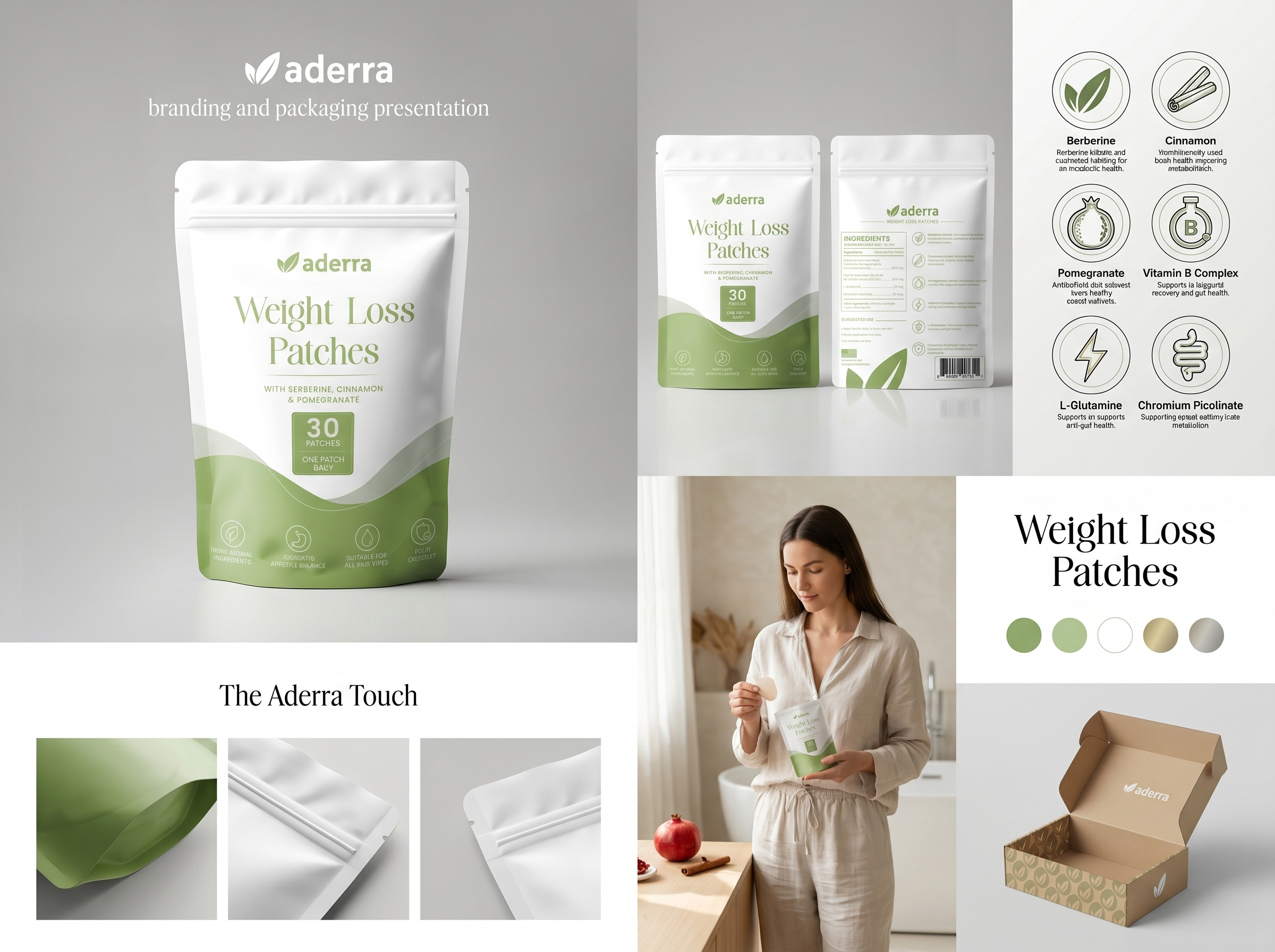 Aderra Weight Loss Patches — Standup Pouch Design amazon branding greendesign health label minimalist naturaldesign packaging packagingdesign pouchdesign privatelabel productdesign supplements typography wellness