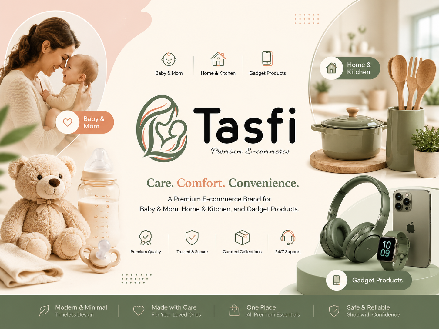 Tasfi Premium E-Commerce Logo Design | baby care baby products brand identity creative logo ecommerce logo family branding lifestyle brand logo design logo inspiration minimalist logo modern logo mom and baby motherhood logo online shopping online store premium brand professional logo retail branding startup branding visual identity