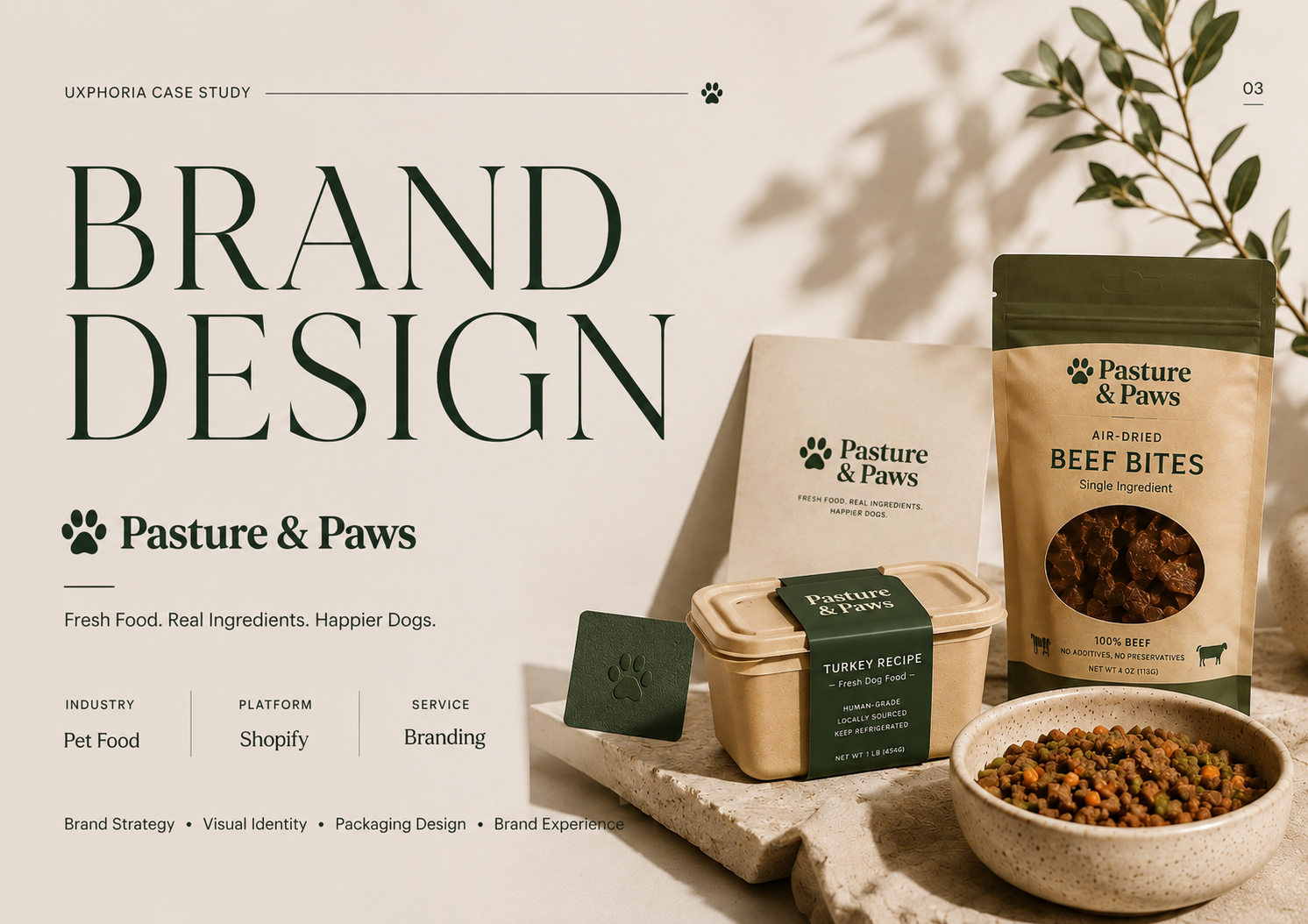 Pasture & Paws Fresh Dog Food Brand Identity brand book brand design brand guidelines brand strategy branding conversion rate conversion rate optimization dtc brand ecommerce landing page logo packaging pet care pet food shopify store design ui web design