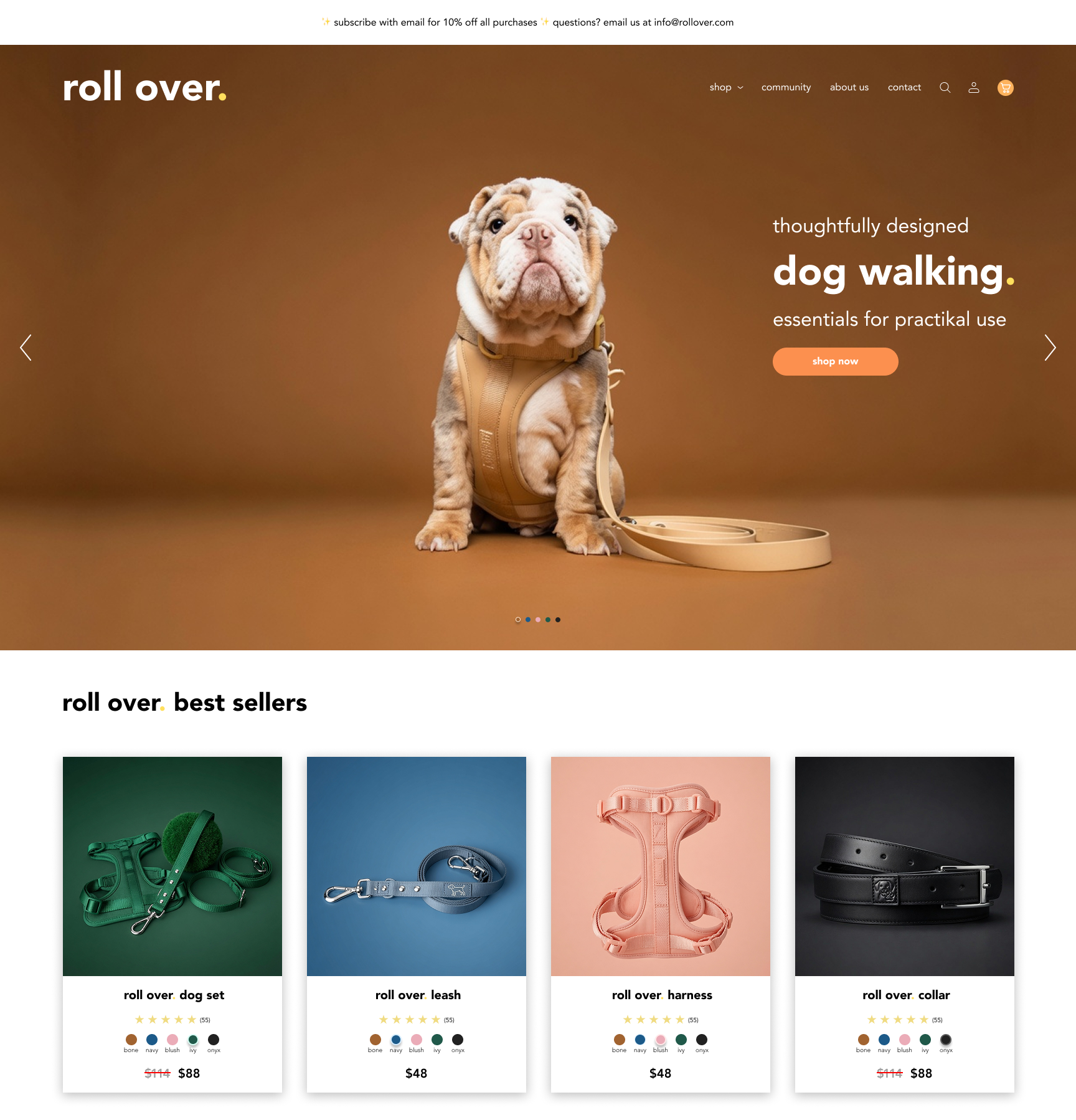 Roll Over — Dog Accessories Store branding colors dog illustration logo typography ui ui design ux