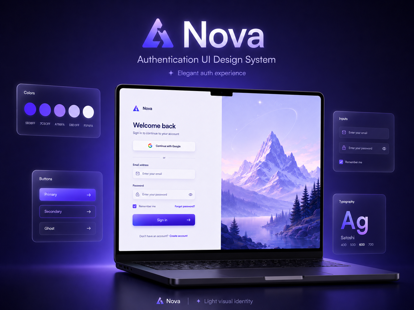 Nova Auth UI — Light & Dark Mode auth ui authentication clean ui dark mode dashboard ui design system dribbble figma glassmorphism light mode login page minimal ui mobile ui modern ui purple gradient saas design signup page ui design ux design web design
