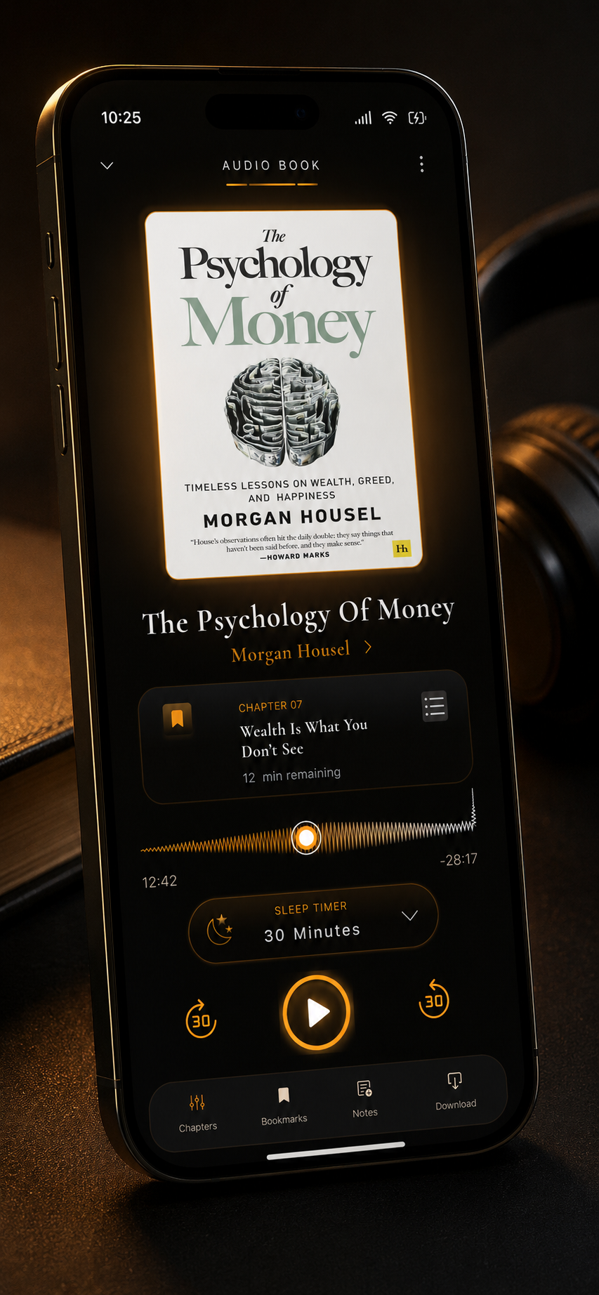 Audiobook Player UI — Dark Mobile Design app design audiobook dark ui figma ios design mobile ui music player