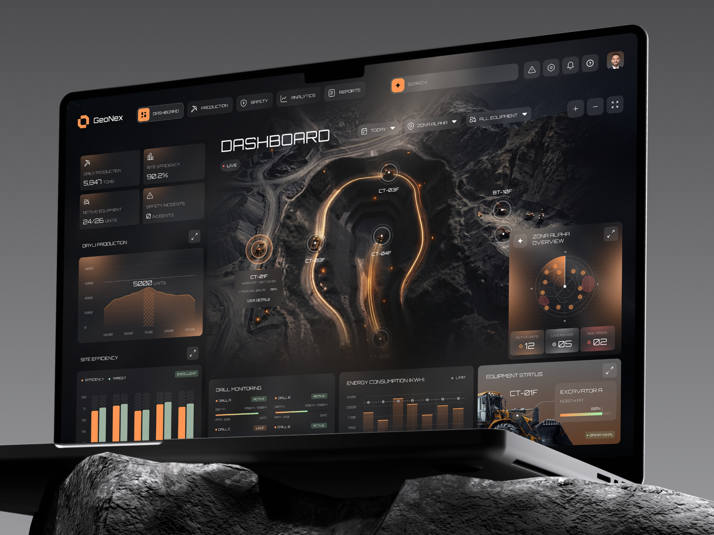 GeoNex — Operational Intelligence for Mining ai artificial intelligence b2b concept design industrial dashboard industrial monitoring minimalism mining mining analytics mining dashboard design product designer real time data saas system analytics system monitoring ui design ux design