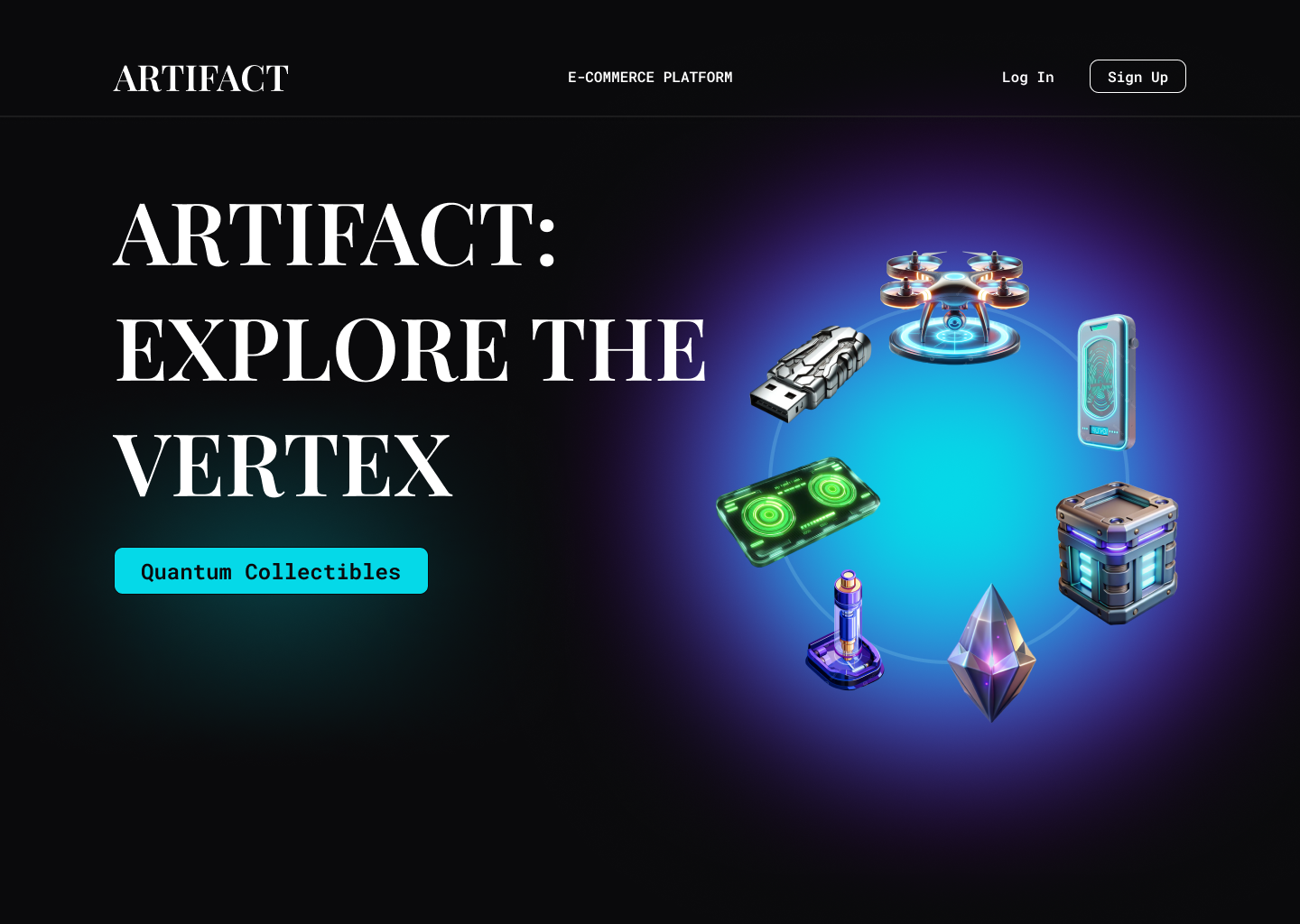 Artifact: Futuristic E-Commerce Platform UI 3d cyberpunk darkmode dashboard digitalcollectibles ecommerce figma frontend glassmorphism neon productdesign uiux web3 webdesign