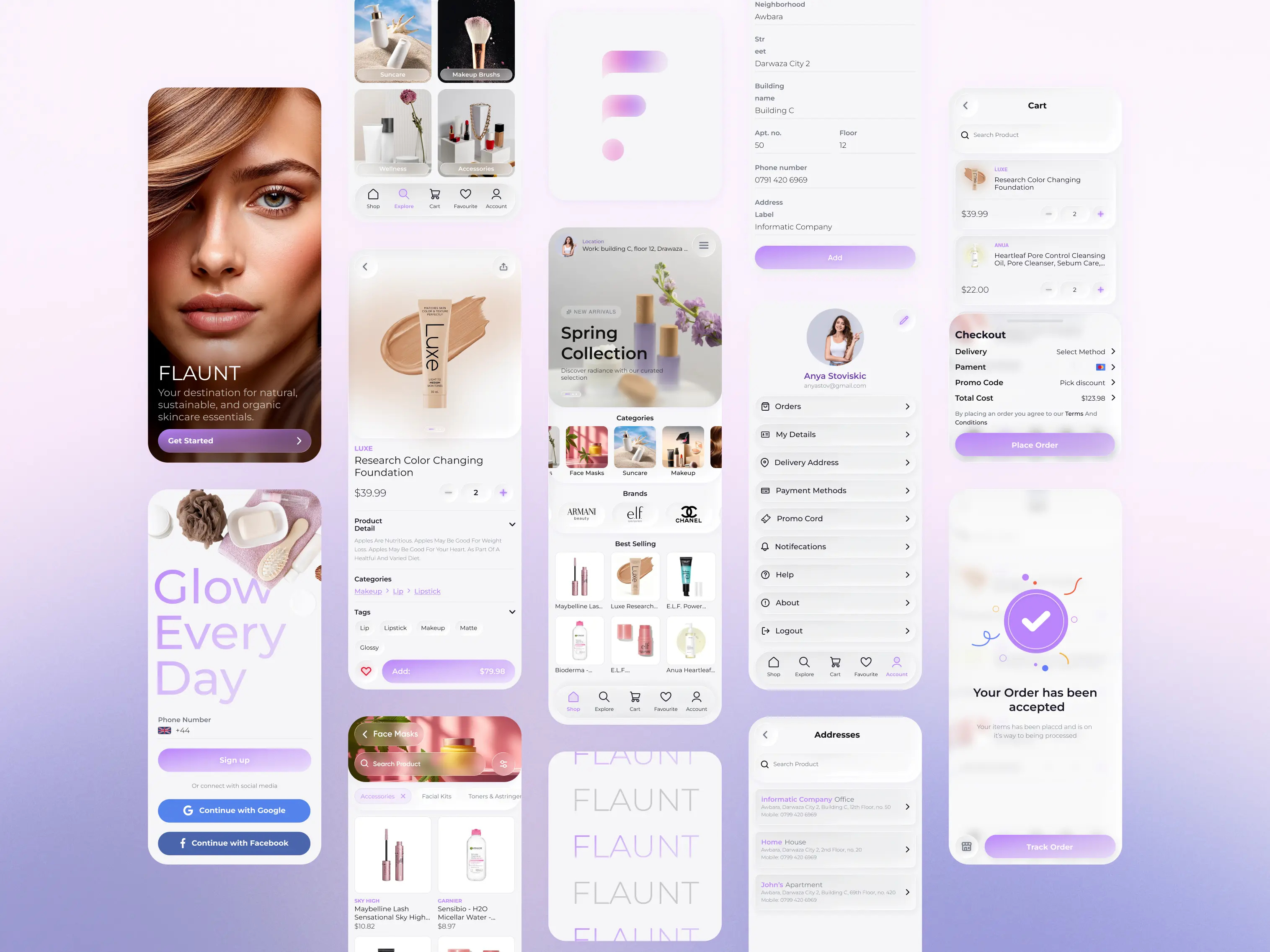 Flaunt — Premium Beauty E-commerce App app beauty branding clean cosmetics ecommerce figma ios luxury minimal mobile onboarding premium product design shop skincare ui uiux ux