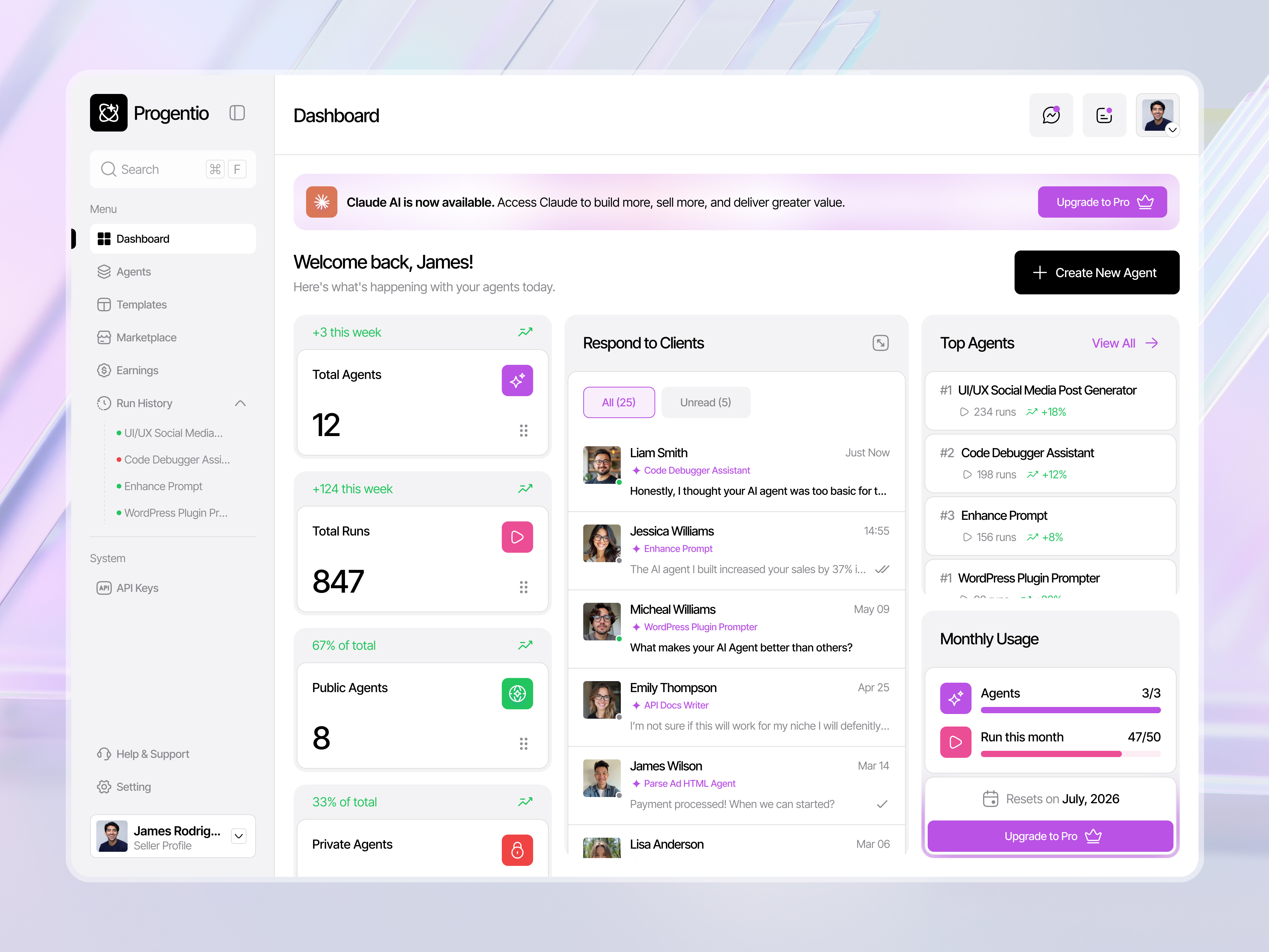 Progentio - AI Agent Selling Marketplace Dashboard Design | SaaS ai agent ai agent builder ai agent marketplace ai agent template ai chat ai marketplace ai prompt agent ai prompt selling ai saas design api connection dashboard gemini product design radiyal saas saas design ui ui design uiux ux design