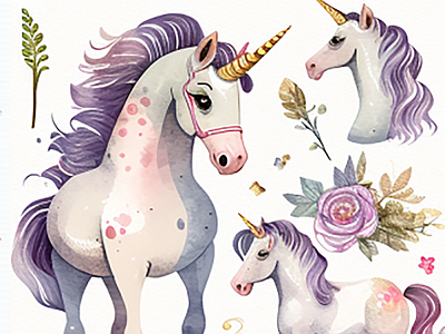 Cute Unicorn and Flower Watercolor Clipart Bundle 2 poster