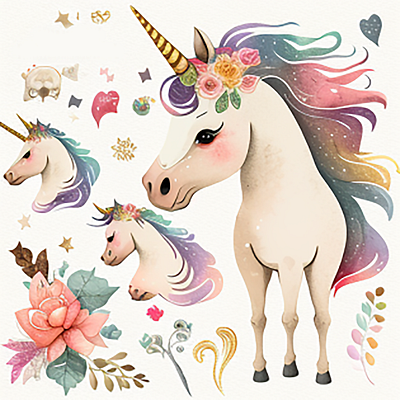 Cute Unicorn and Flower Watercolor Clipart Bundle 4 trendy