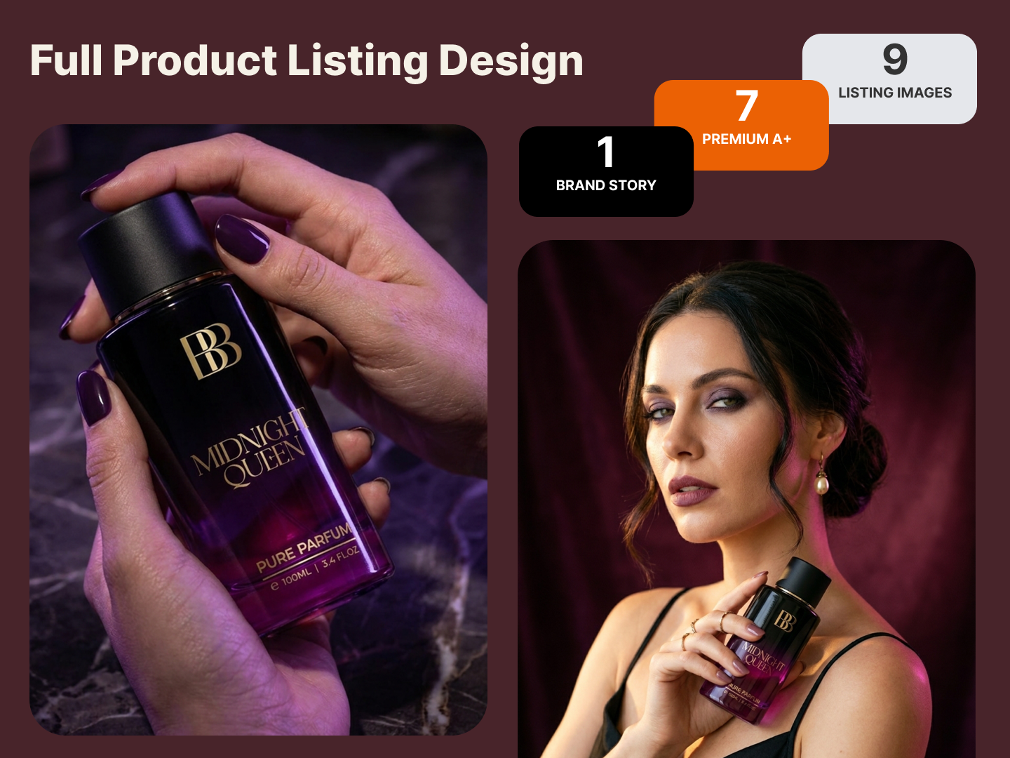 Luxury Women Perfume Listing Design X Midnight Queen 3d ai generated visuals amazon listing animation beauty branding brand identity branding ecommerce visuals fragrance design graphic design logo luxury perfume motion graphics perfume listing product listing design ui women perfume