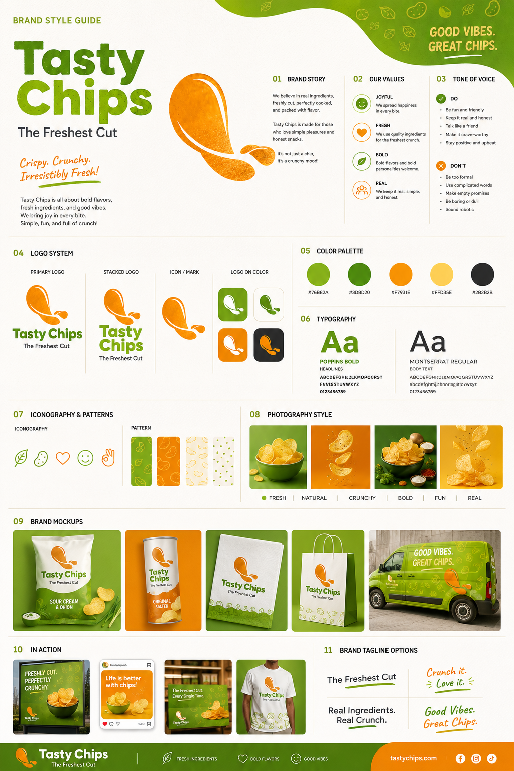 Brand Style Guide for Tasty Chips brand book brand guidelines brand identity brand strategy brand style guide branding consumer branding corporate branding creative branding fmcg branding food branding food packaging marketing design packaging packaging design packaging mockup product branding snack packaging visual branding visual identity