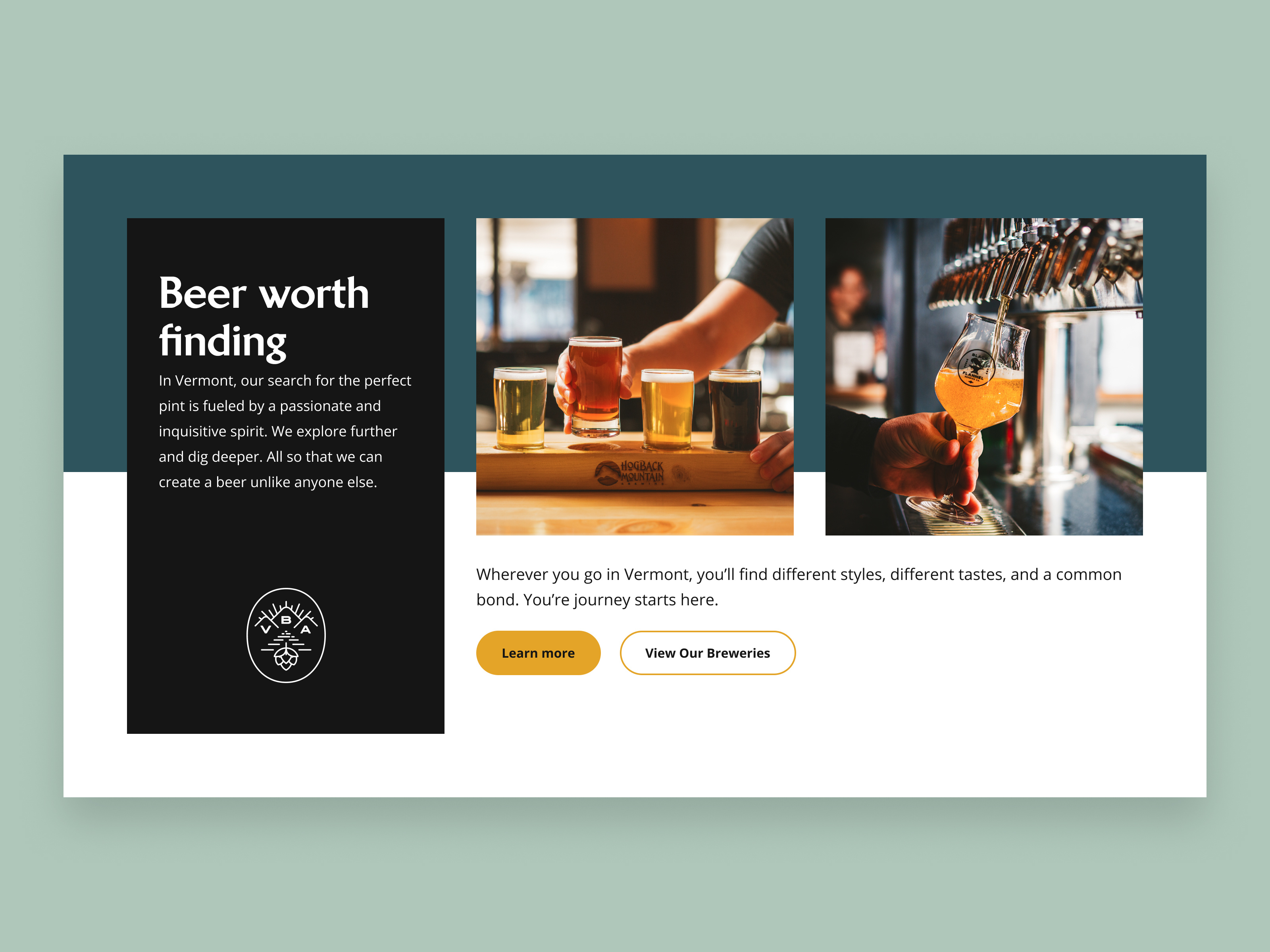 Hero component for Vermont Brewers Association (VBA) badge banner beer branding brewery buttons color component design figma graphic design hero landing page layout logo ui unique hero ux web design