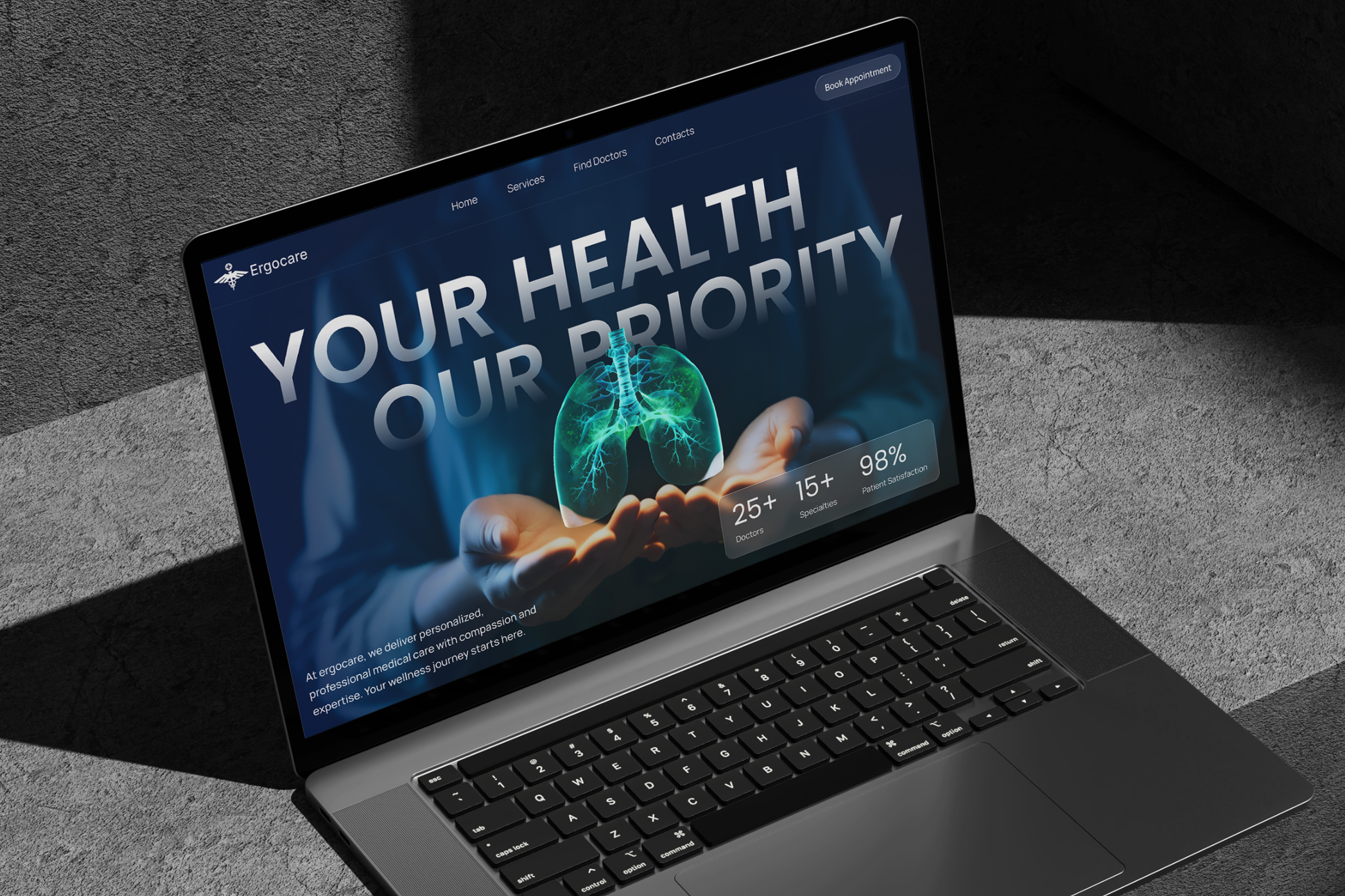 ErgoCare – Medical Hero Section Design clean layout clinic landing page dark mode ui doctors portal futuristic ui glassmorphism healthcare website hero section hospital website medical ui saas landing page typography ui design ux ui web design