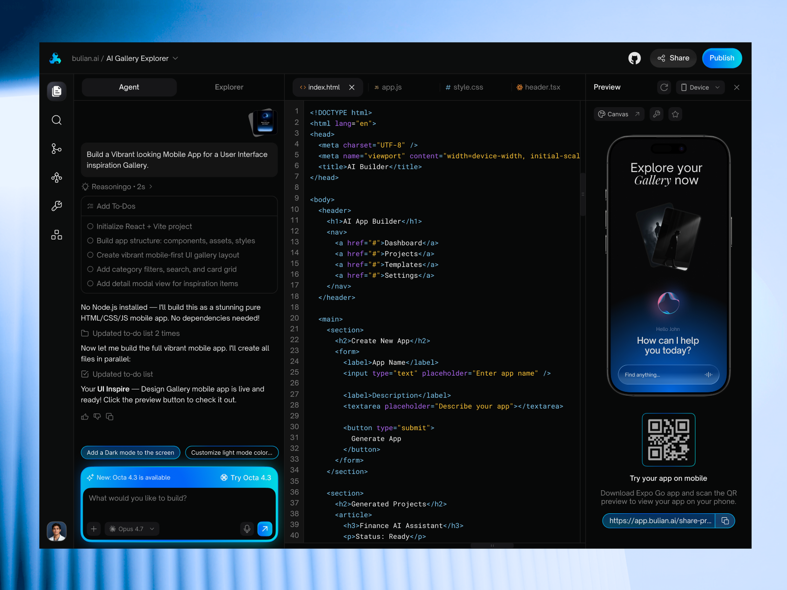 No-Code SaaS - AI App Builder Dashboard UI/UX Design | Bulian AI admin dashboard ai agent ui ai app builder ai coding assistant app generator code editor ui dashboard ui design figma design generative ai tool mobile app preview no code platform no code saas panze panze studio product design saas saas dashboard ui ux ux design web app