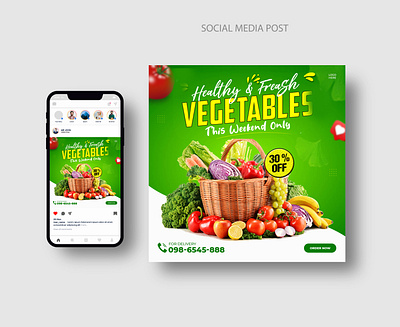 Vegetable Social media post template banner branding business promotion design discount fresh food fruit illustration instagram sale logo offer post pure food seo social media post template vegetable