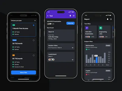 TestBee - Online Test-giving Platform course dark mobile report statistics stats subscription test ui ux