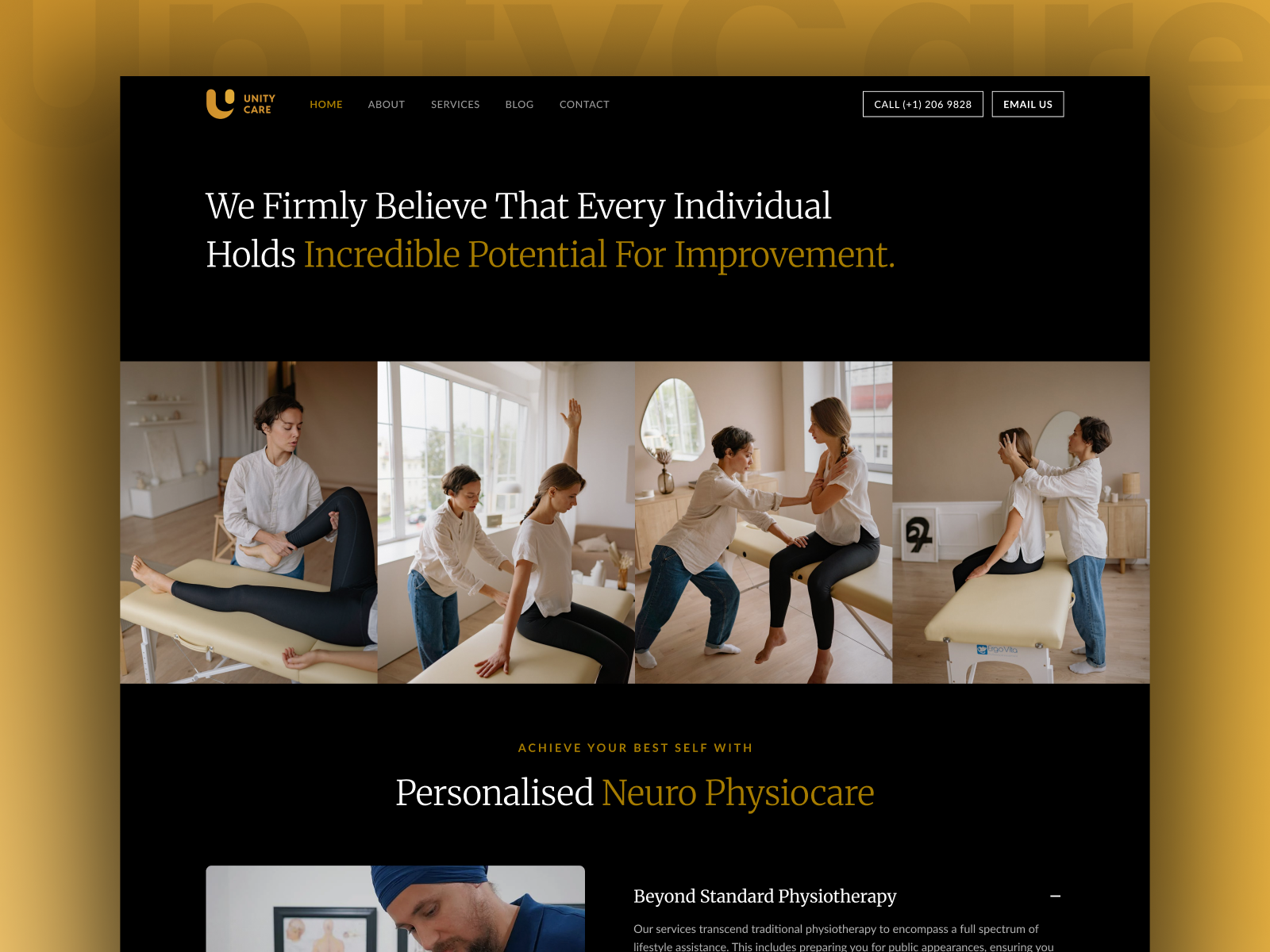 Unity Care – Mockup Physiotherapy Website Animated Peeview business care company desktop exercise gym health leads multi purpose product profile responsive service ui design ux design website wellness women workout yoga