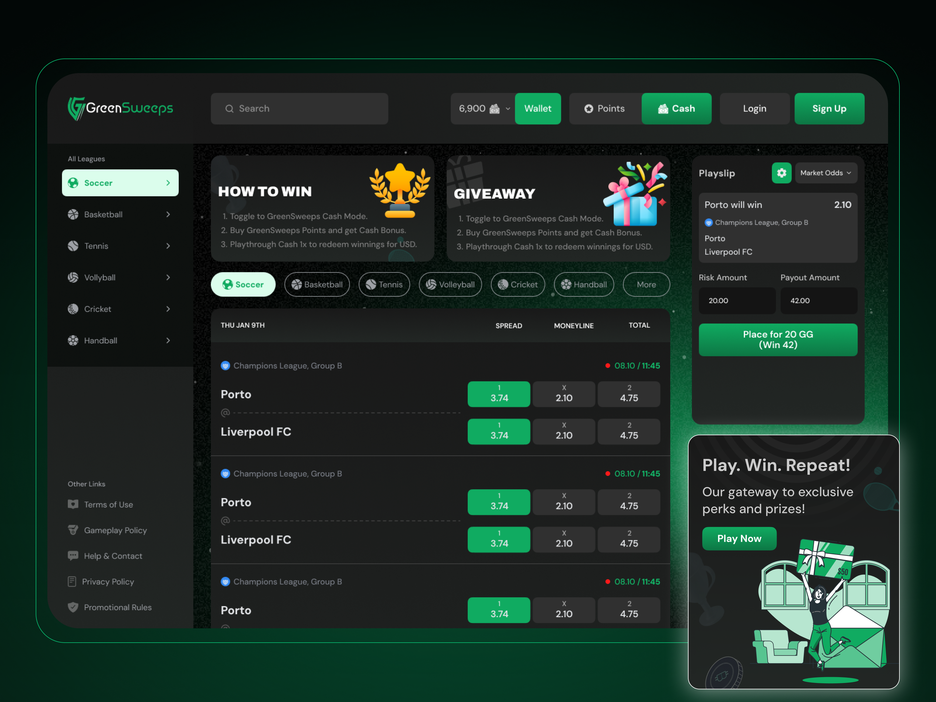 GreenSweeps | Sports Web App UI/UX Design 3d bettingapp dashboard dashboarddesign fintechui gamingui interactiondesign landing page saasdesign sportsapp sportsbook sportsdashboard ui uidesign uiux user experience uxdesign web design webapp webdesign