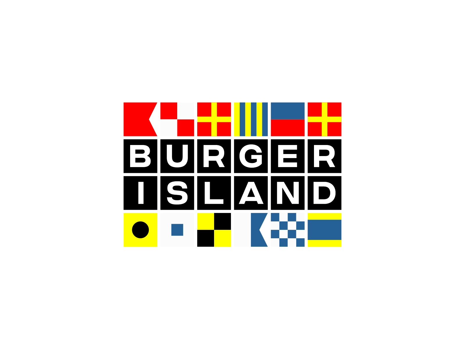 Burger Island, nautical flags for burger delivery platform logo alphabet brand identity branding burger burger delivery delivery flags food delivery grid island logo logo design maritime nautical nautical flags ocean restaurant sea visual identity water