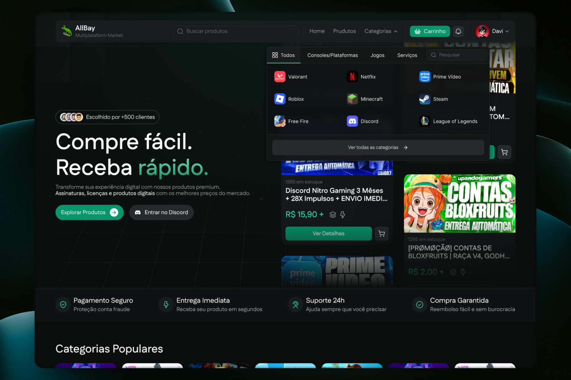 AllBay - Assinaturas e produtos digitais carrinho checkout compra dark graphic design marketplace perfil profile theme ui ux