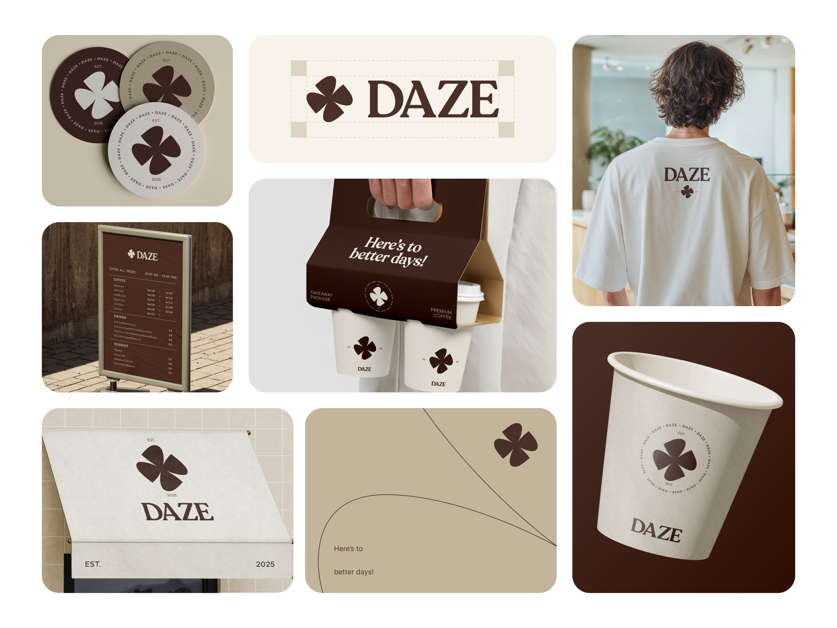 DAZE - Coffee Brand Identity art direction brand design brand identity brand system branding coffee branding coffee shop color palette editorial logo design logo mark merch design minimal branding packaging design stationery typography visual identity