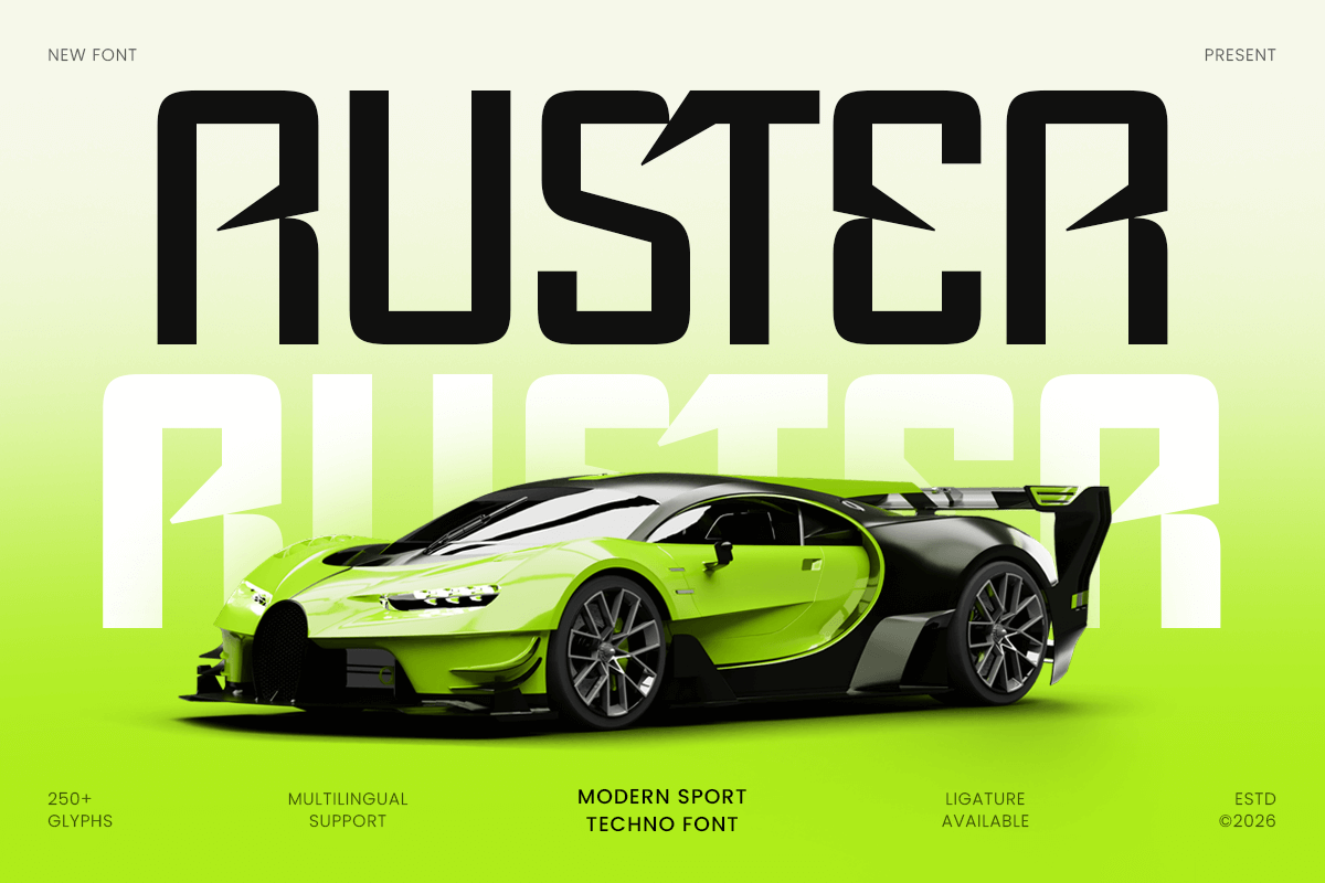 Ruster - Modern Sport Techno Font bold branding display dynamic energy futuristic graphic design headline logo speed sport techno technology typography