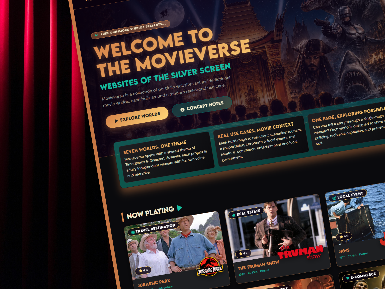 Movieverse Hub: Websites of the Silver Screen branding cinema concept design creative direction creative portfolio dark ui digital experience entertainment fictional brand film illustration landing page movie portfolio streaming ui visual design web design website design worldbuilding