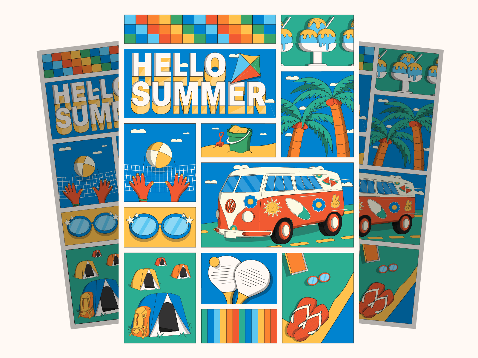 HELLO SUMMER 2d 3d advertising illustration art branding design editorial illustration graphic design illustration isometric isometric illustration lettering magazine magazine illustration retro summer typography vacation vector art vector illustration