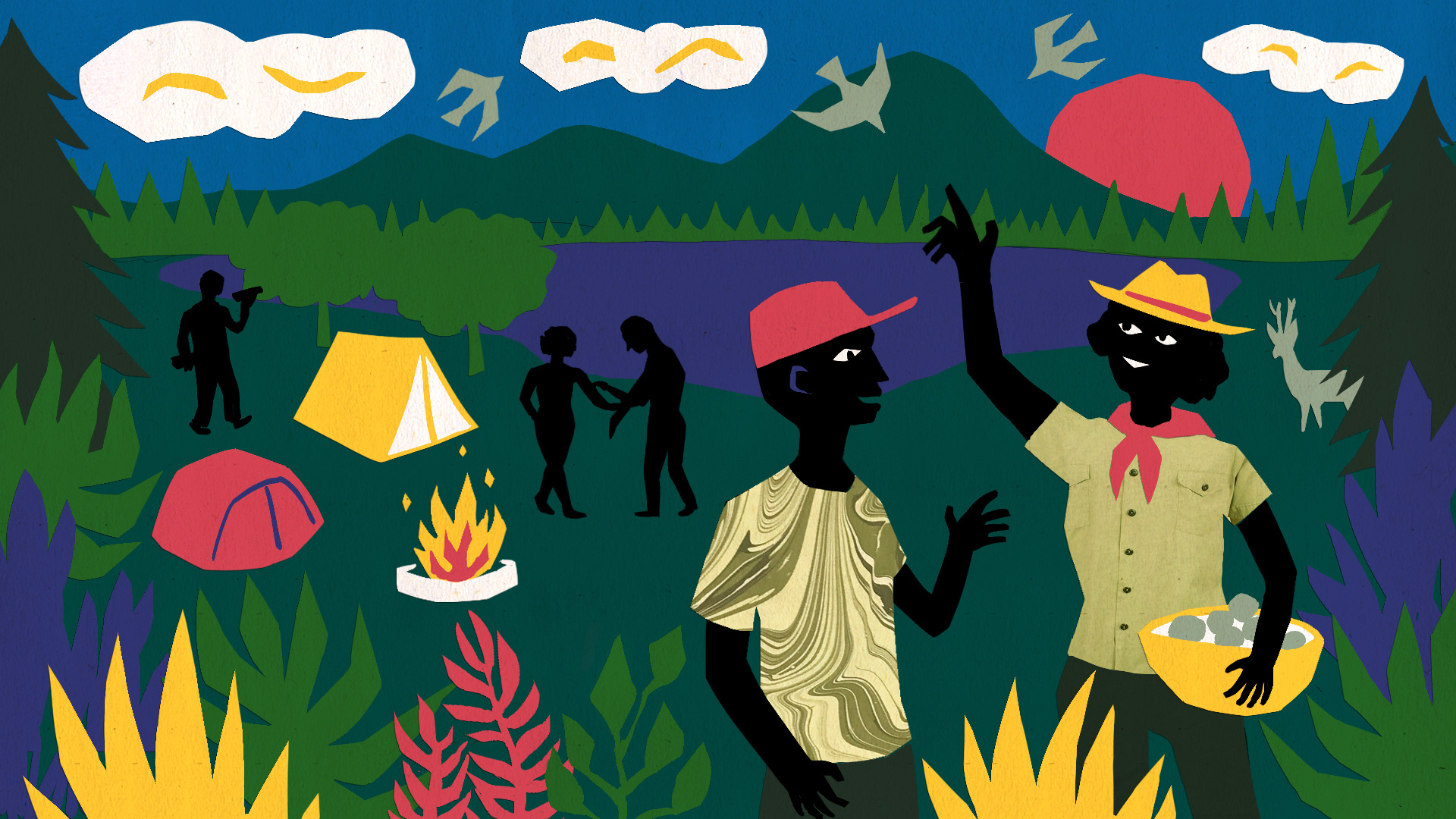 Black and outdoors birds black campfire camping collage foraging hiking identity illustration nature outdoors poc race sunset