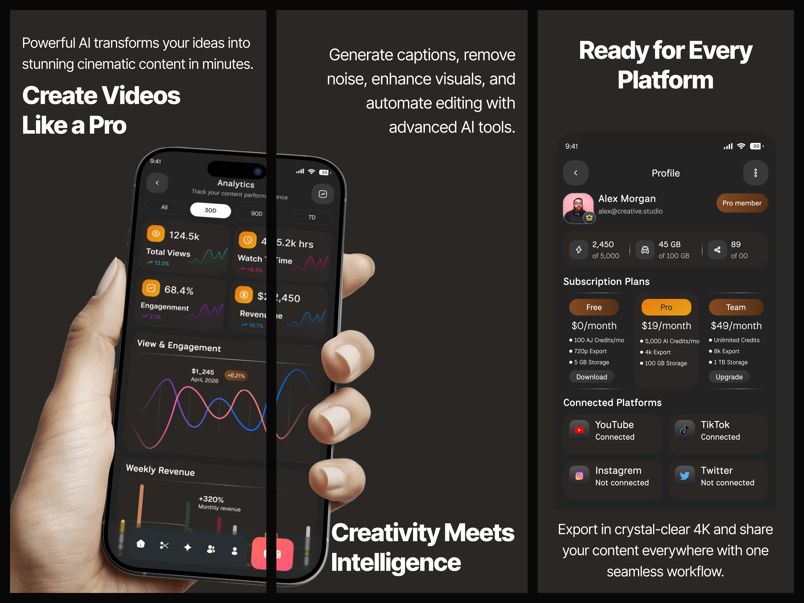 AI Video Editor – Analytics & Subscription UI ai ai tools ai video editor analytics dashboard app design creator dashboard dark ui dashboard ui mobile app mobile ui pricing ui pro membership productivity app profile ui saas subscription ui team plan ui design ux design video editing