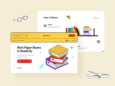 Website for renting paper books. Concept. 2d 3d books cinema 4d concept creative figma illustration positive rent books ui webdesign yellow