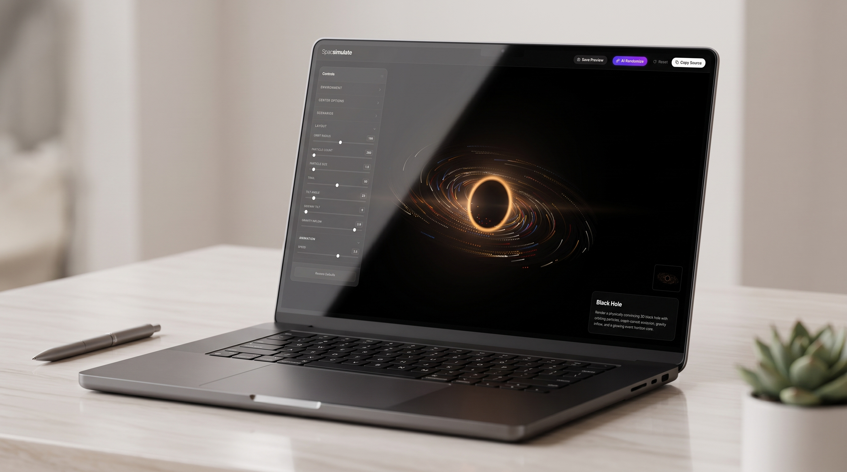 Spacsimulate — Black Hole Dynamics 3dvisualization astrophysics blackhole cinematicvisuals creativecoding creativedirection design designsystems graphic design motiondesign scificoncept simulationdesign spaceart ui