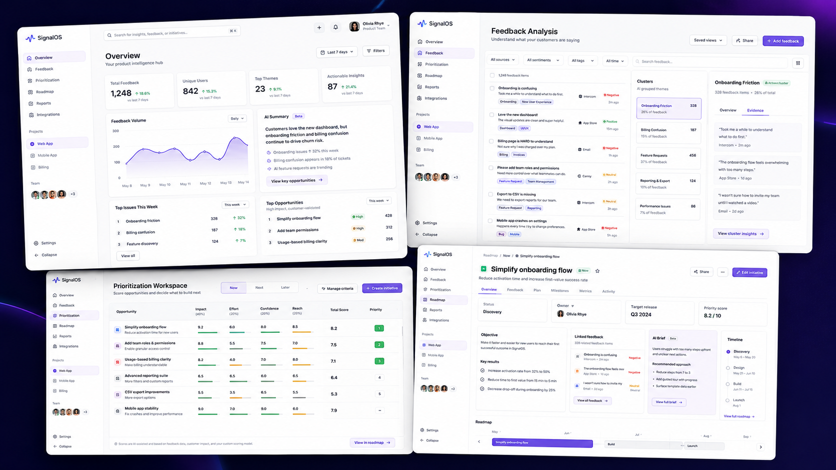 SignalOS — AI Product Intelligence Platform ai ux analytics dashboard b2b product clean ui dashboard design data visualization design system enterprise ux feedback management high fidelity modern ui prioritization product design product intelligence product strategy roadmap planning saas dashboard startup design ux ui web application