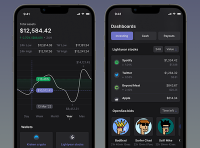 Digital wallets dashboard app application banking branding crypto dark mode design discord financial fintech investing neobank nft stocks ui ux web3