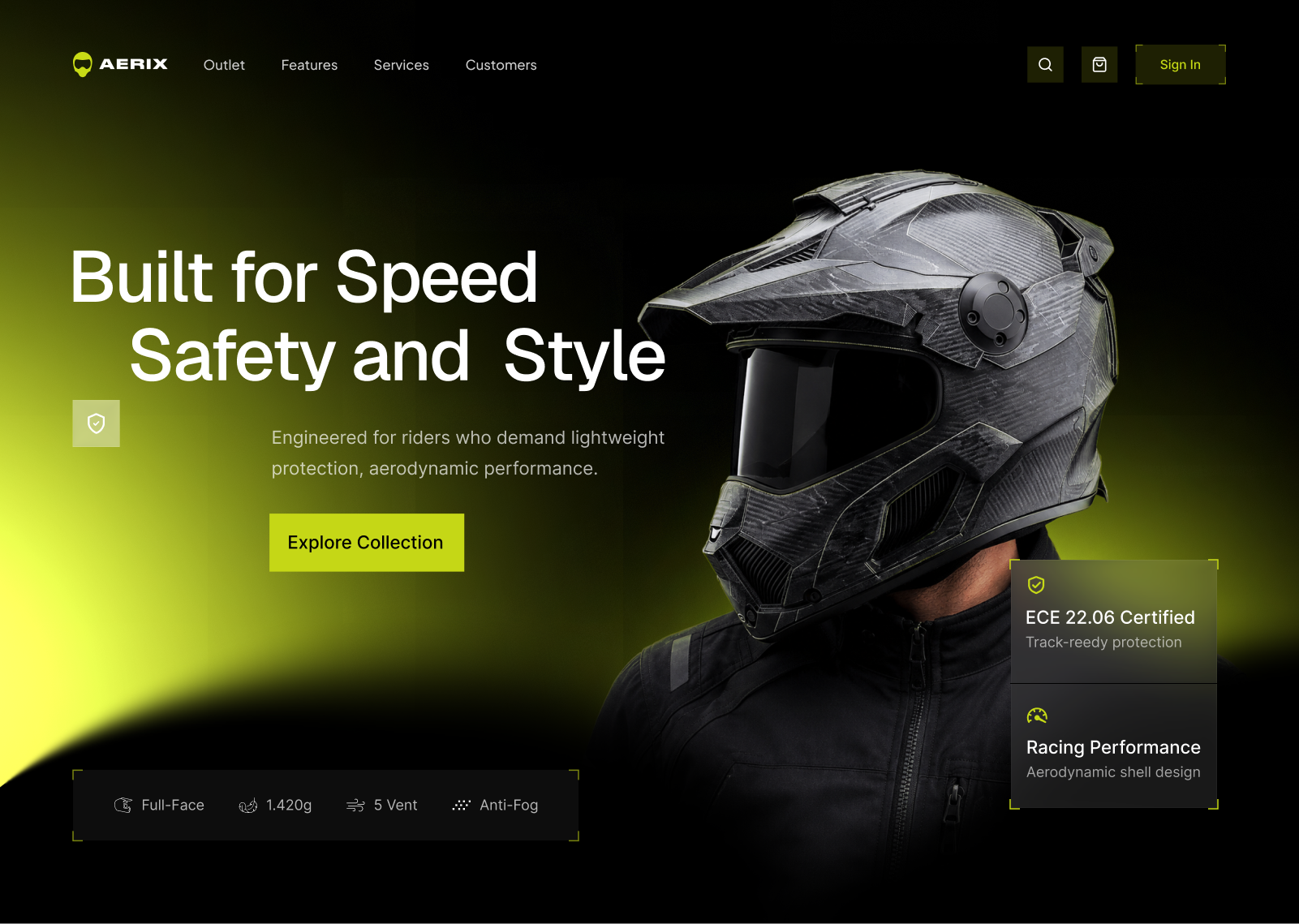 Premium Helmet Brand Website Hero Design dark editorial helmet hero landingpage layout lime motor ui ux webdesign