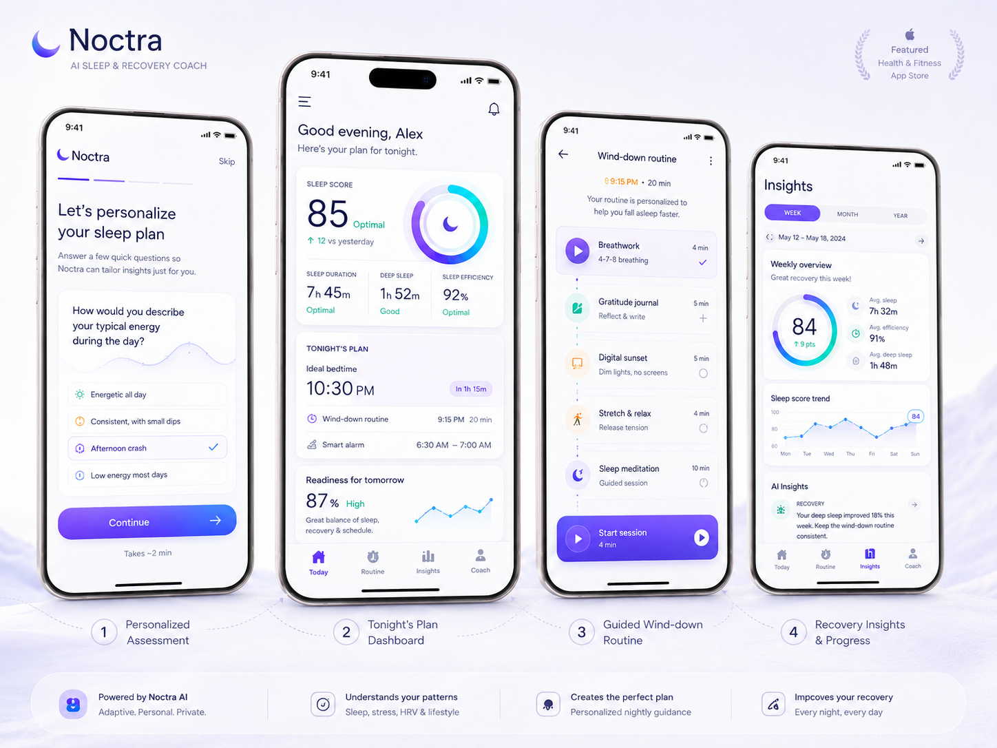 Noctra — AI Sleep & Recovery Coach ai app app design dashboard design design system dribbble shot figma health app interface design light mode mobile app mobile ui product design product strategy recovery saas design sleep app ui design ux design visual design wellness app