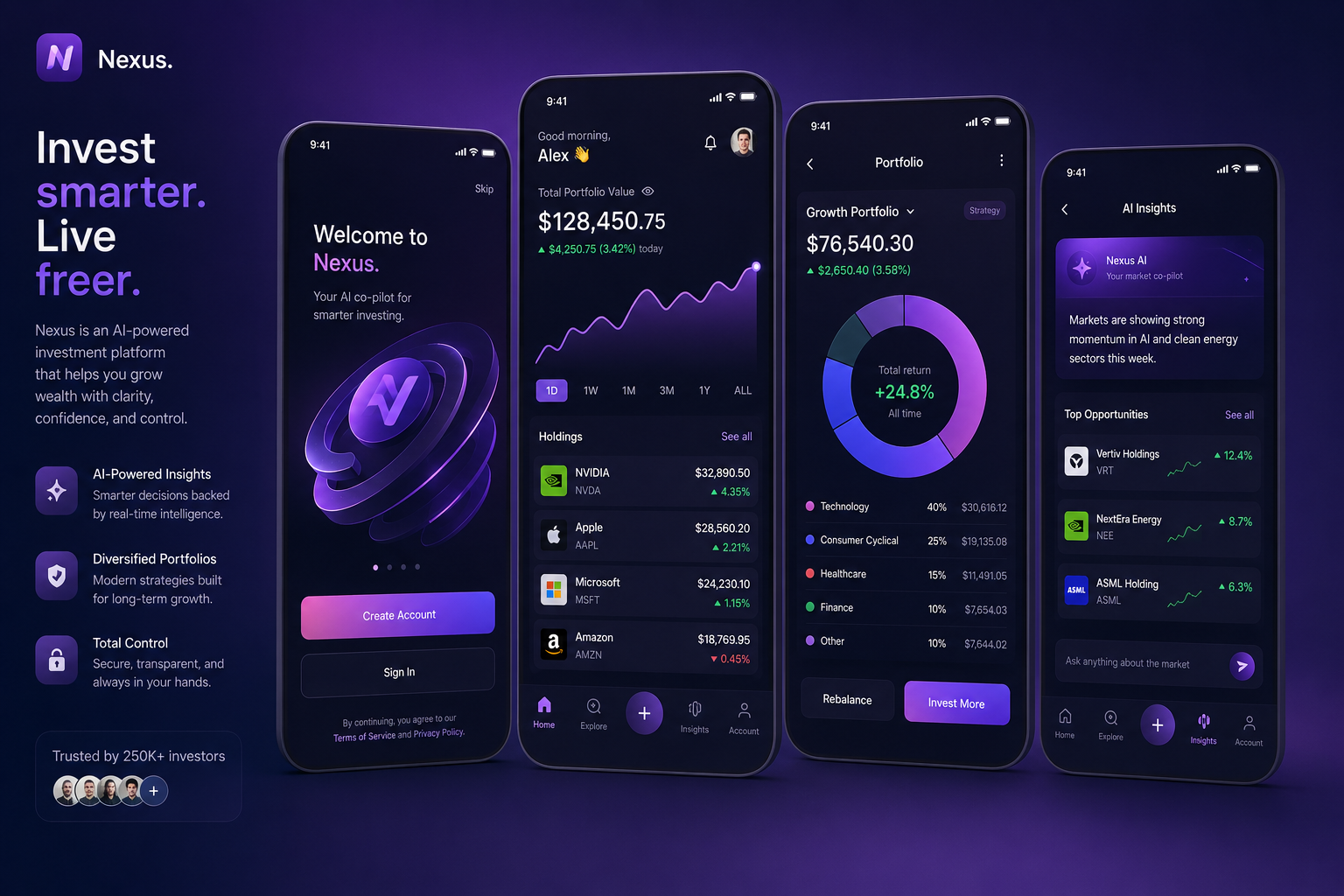 Nexus — AI-Powered Investment App ai app app design dark mode dashboard design system finance app fintech investment app mobile app mobile ui portfolio product design ui design ux design visual design