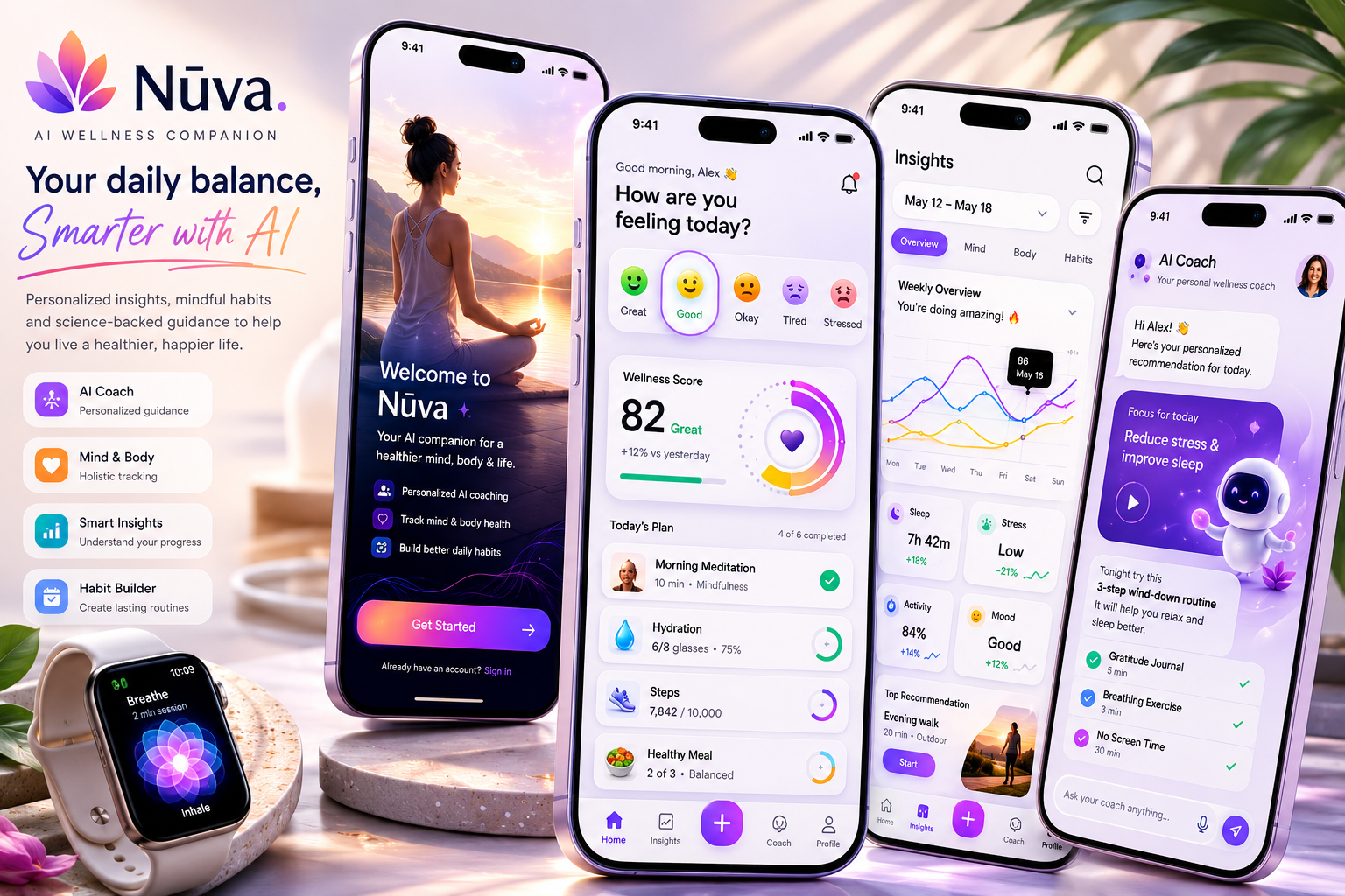 Nūva — Wellness Companion ai coach ai wellness app design clean ui dashboard design system fitness app habit tracker health app health tech insights ios app lifestyle app mental health app mindfulness mobile app product design ui design ux design wellness app