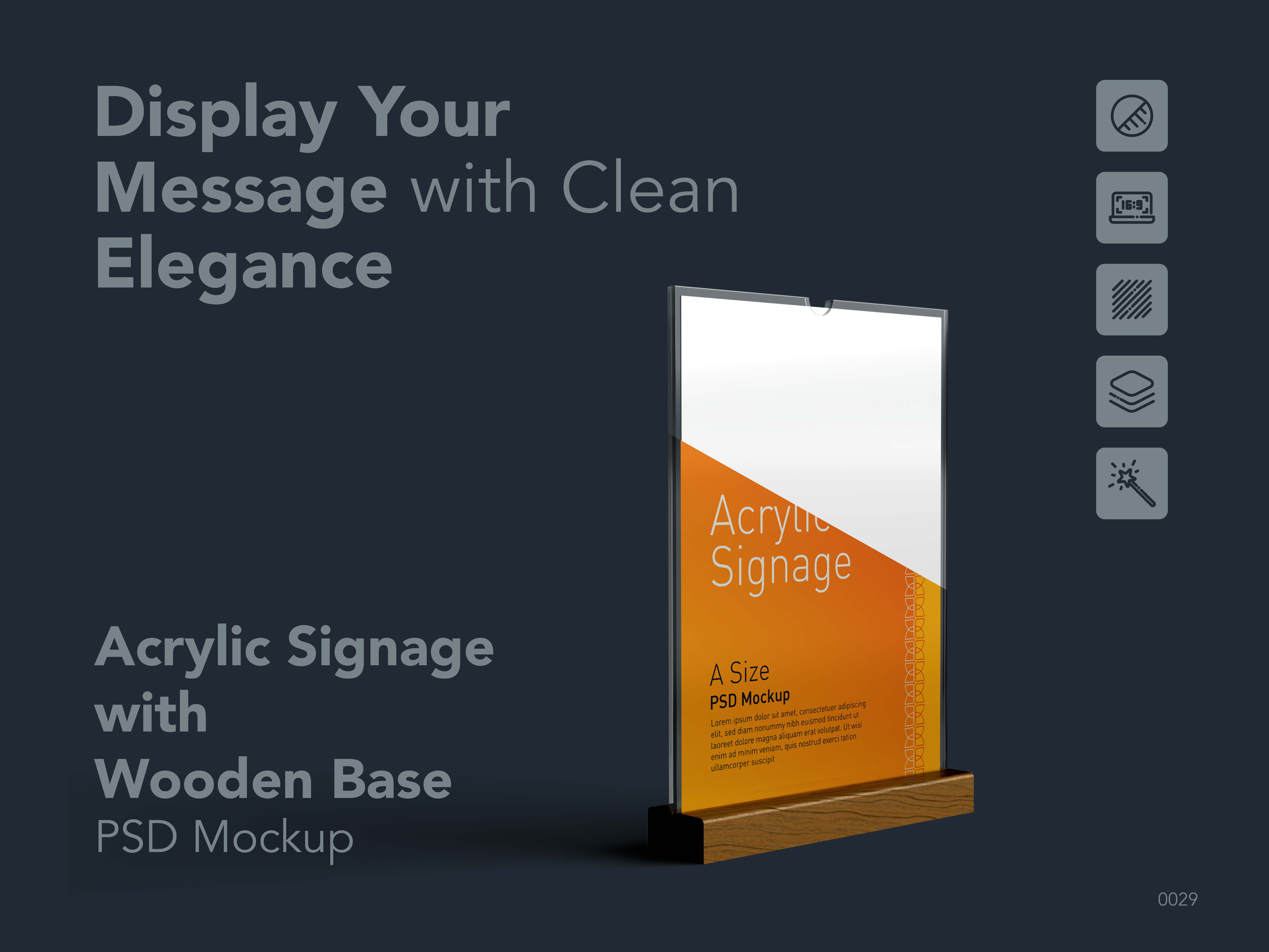 Acrylic Signage with Wooden Base a4 acrylic frame mockup acrylic display stand mockup acrylic sign holder mockup acrylic signage with wooden base desk sign mockup menu holder mockup poster display mockup signage psd mockup table top menu holder table top signage tabletop sign mockup wooden acrylic sign mockup wooden base sign mockup