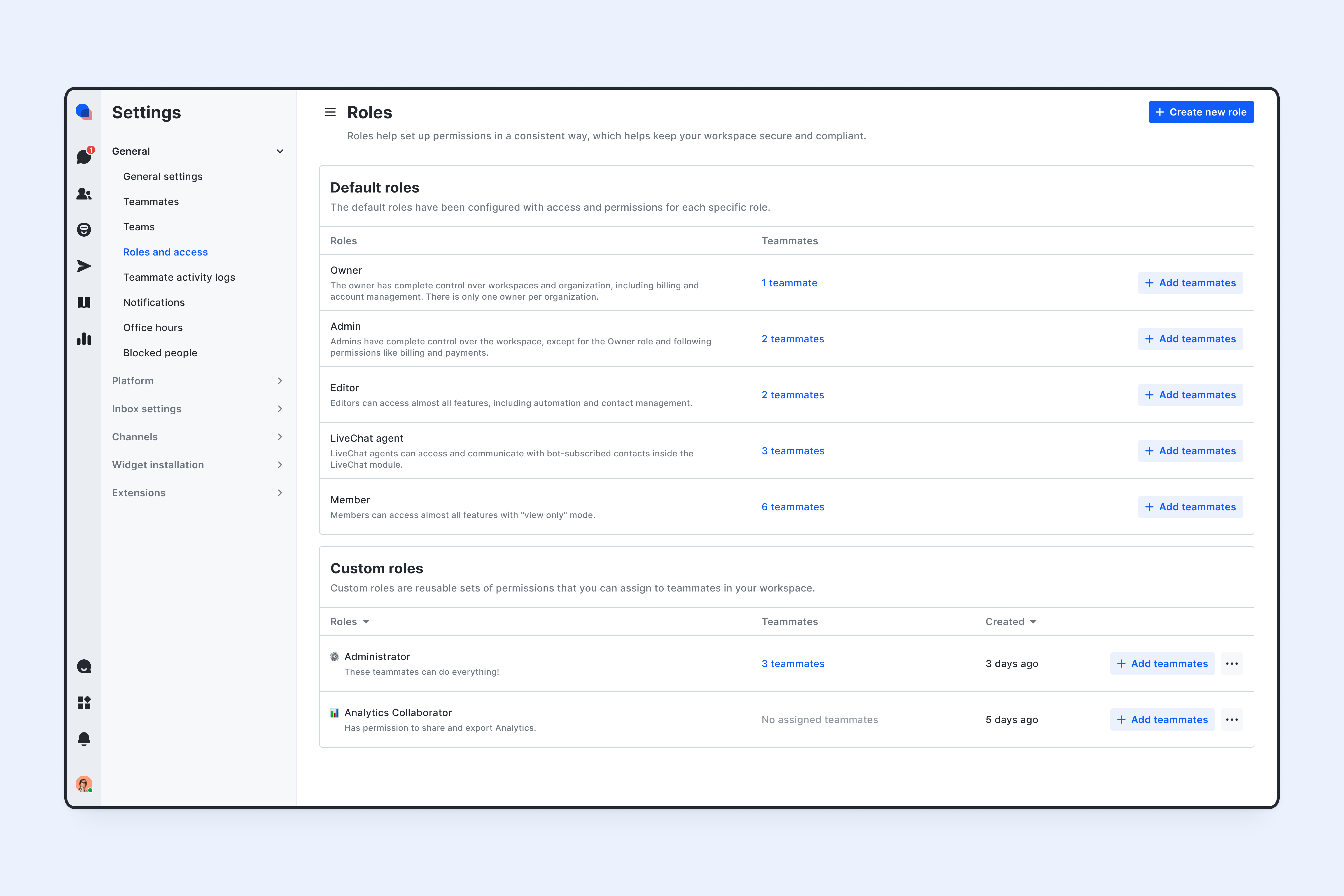 Access Control & Roles Management - NamiQ App access access control admin chatbot crm dashboard inbox interface live chat management permissions permissions management roles settings table teammates teams ui design user management ux design