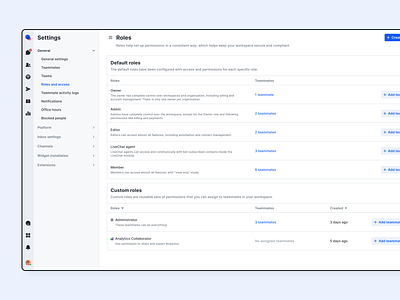 Access Control & Roles Management - NamiQ App access access control admin chatbot crm dashboard inbox interface live chat management permissions permissions management roles settings table teammates teams ui design user management ux design